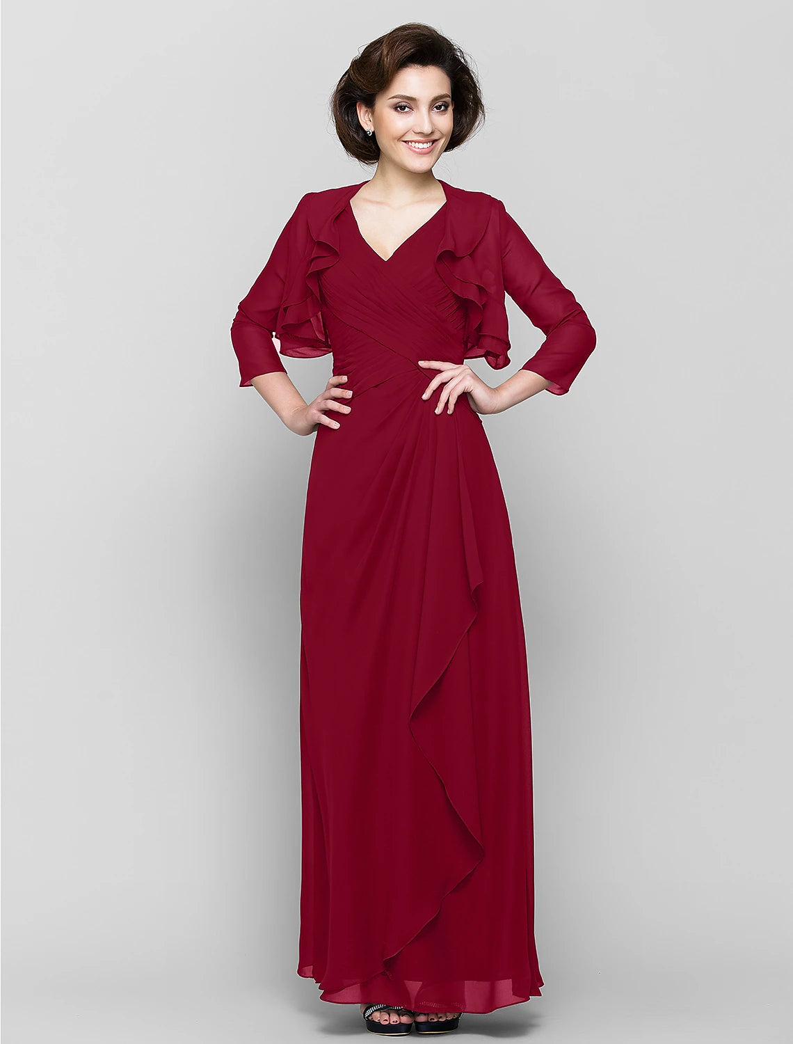 wholesale  Sheath / Column Mother of the Bride Dress Convertible Dress V Neck Floor Length Chiffon 3/4 Length Sleeve with Criss Cross Cascading Ruffles