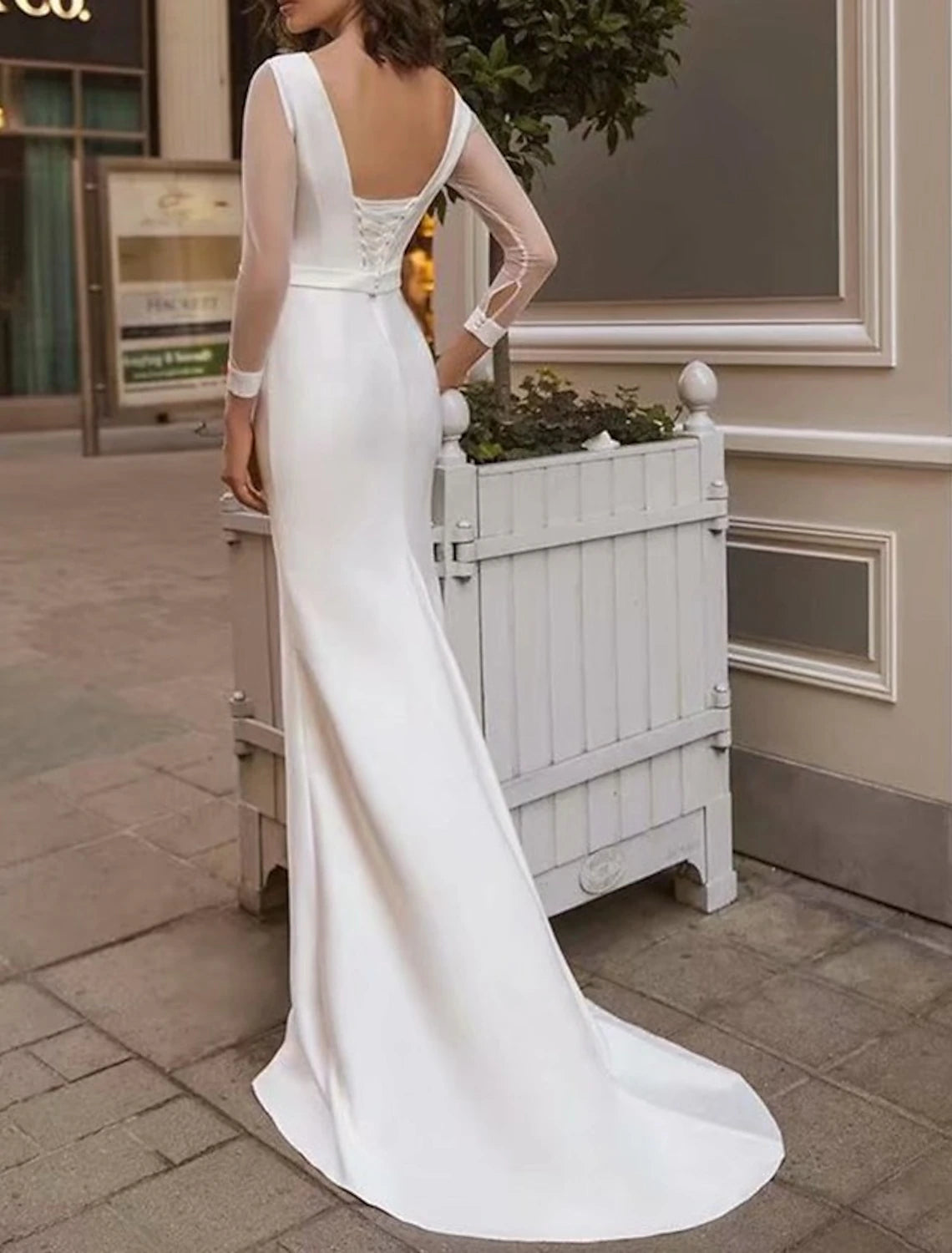 Wholesa Reception Royal Style Simple Wedding Dresses Mermaid / Trumpet Scoop Neck Long Sleeve Sweep / Brush Train Satin Bridal Gowns With Solid Color Summer Wedding Party