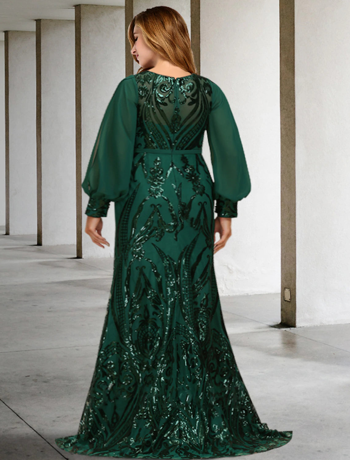 wholesale  Mermaid / Trumpet Mother of the Bride Dresses Plus Size Hide Belly Curve Elegant Dress Formal Sweep / Brush Train Long Sleeve Jewel Neck Chiffon with Sequin