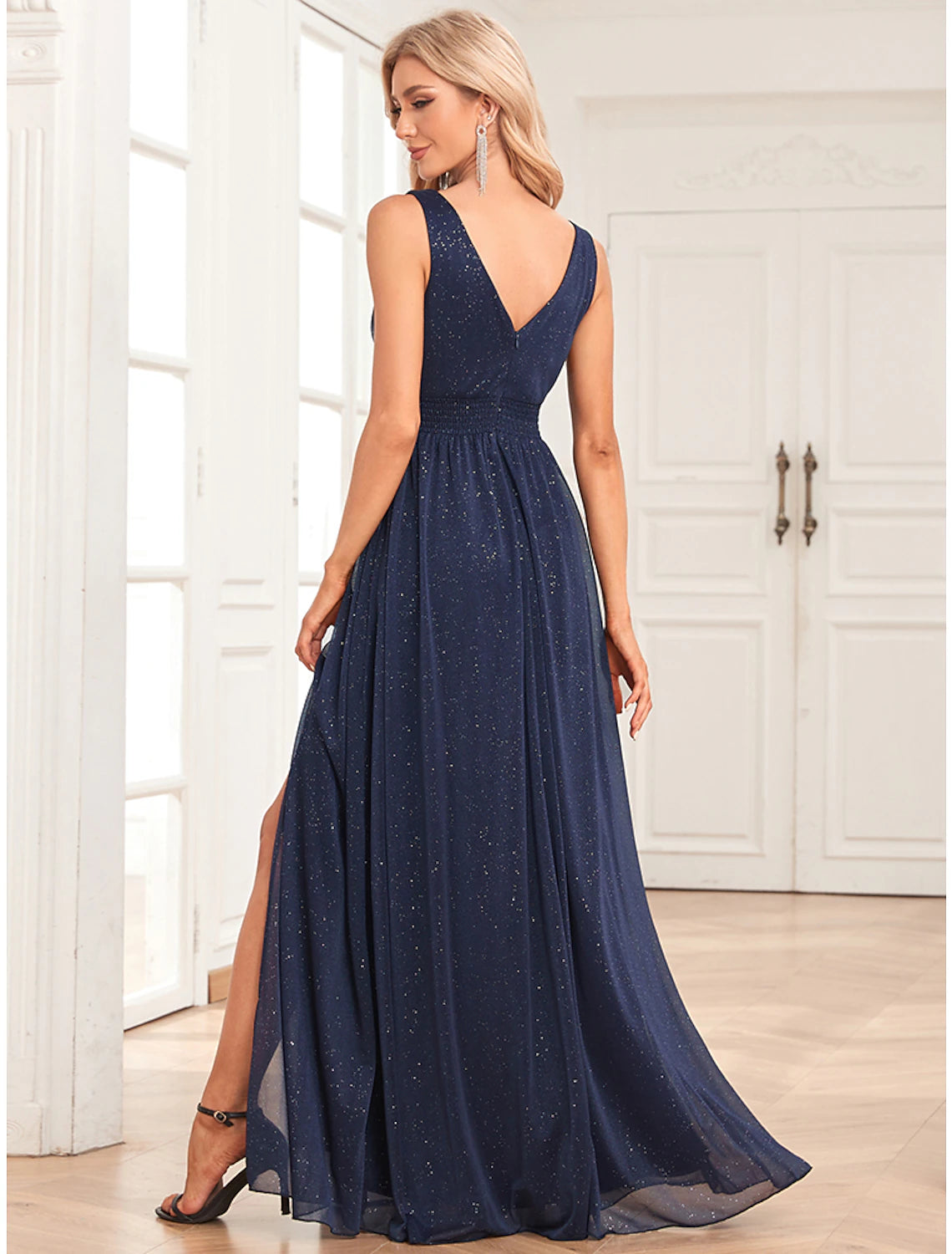 Wholesa A-Line Evening Gown Empire Dress Party Wear Floor Length Sleeveless V Neck Spandex V Back with Glitter Slit