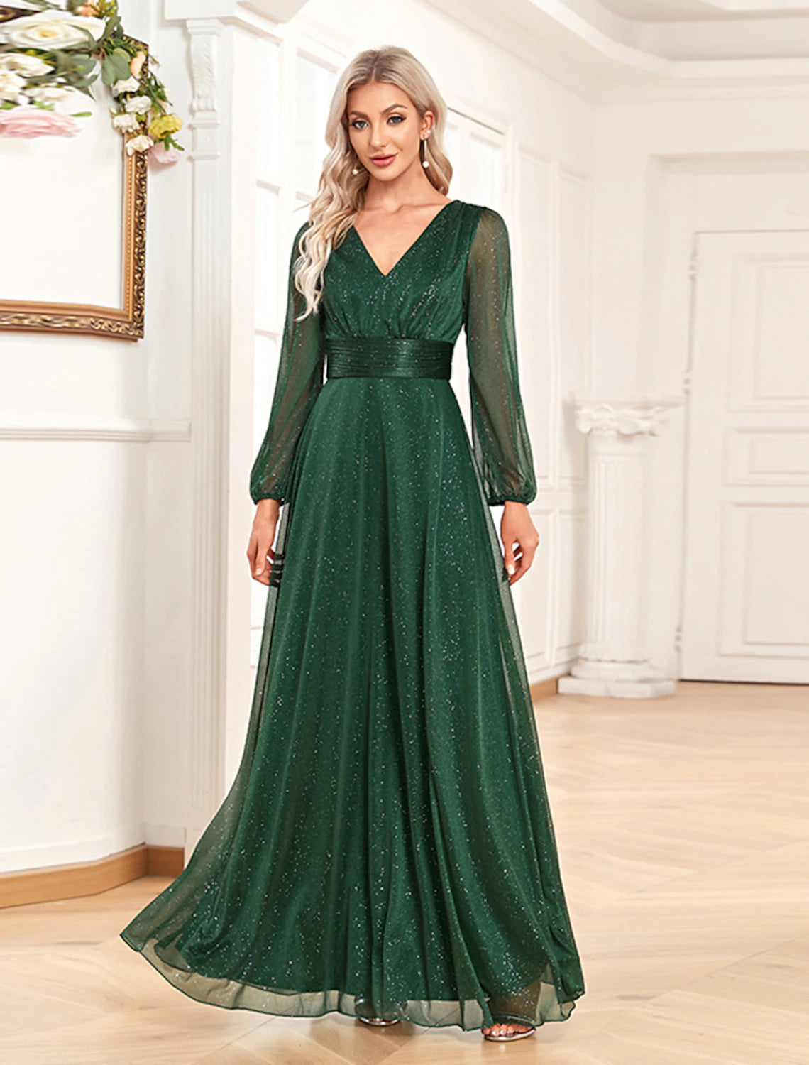 wholesale  A-Line Evening Gown Sparkle & Shine Dress Formal Wedding Party Dress Floor Length Long Sleeve V Neck Chiffon with Sequin