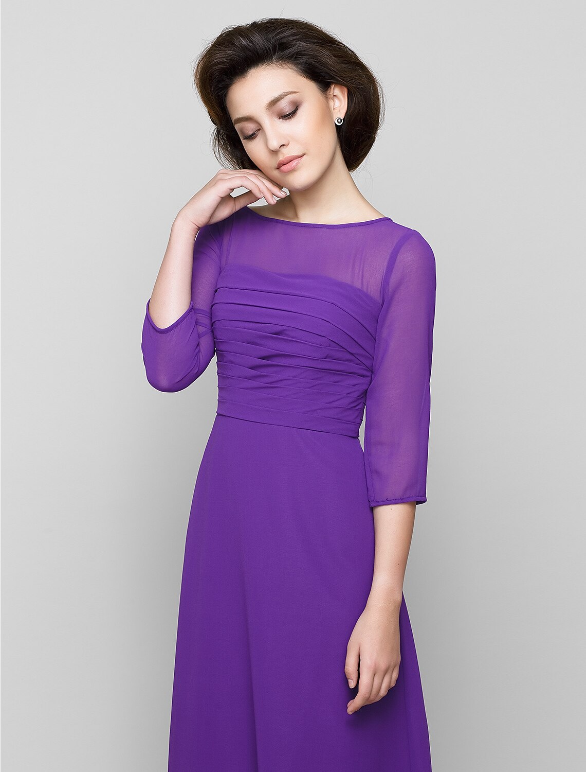 wholesale   A-Line Mother of the Bride Dress Elegant Scoop Neck Ankle Length Chiffon 3/4 Length Sleeve No with Ruched