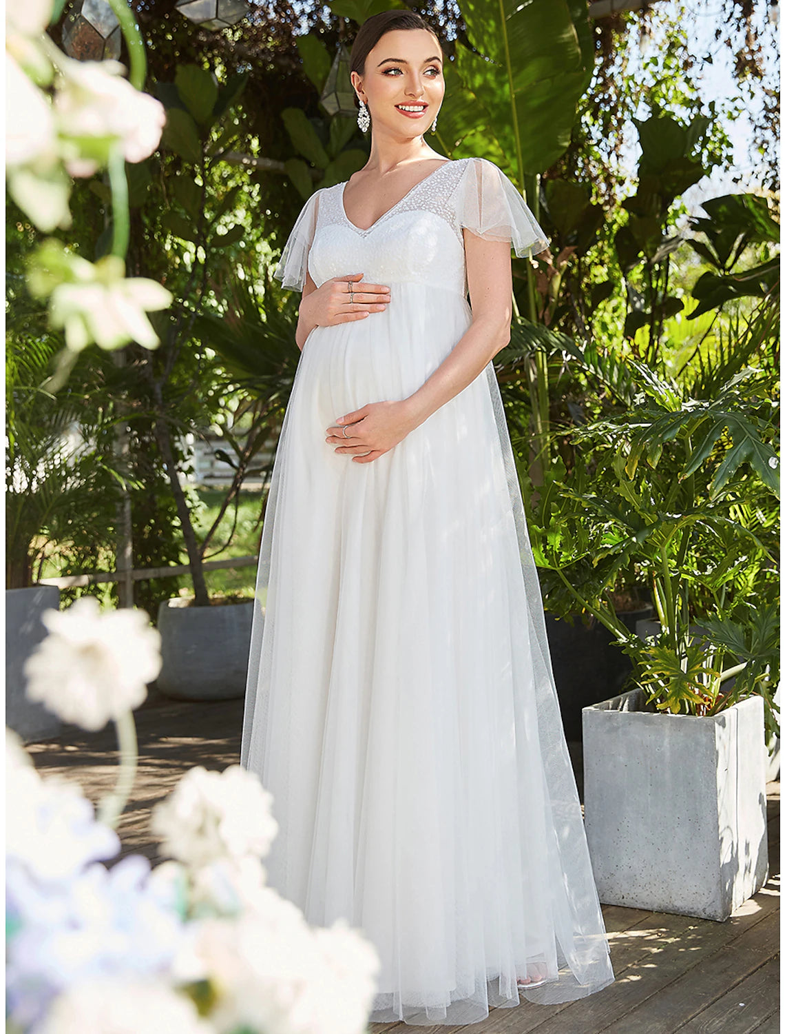 Wholesa  A-Line Evening Gown Maternity Dress Wedding Guest Formal Evening Floor Length Short Sleeve V Neck Bridesmaid Dress Tulle V Back with Pure Color Tiered