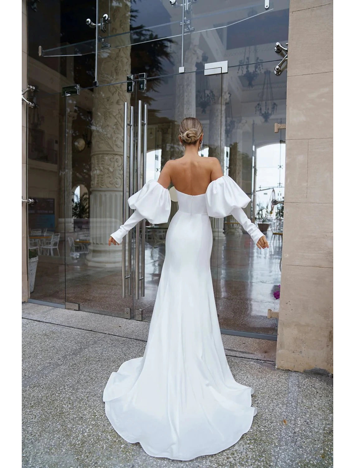 wholesale   Hall Casual Wedding Dresses Mermaid / Trumpet Off Shoulder Long Sleeve Court Train Satin Bridal Gowns With Ruched Solid Color