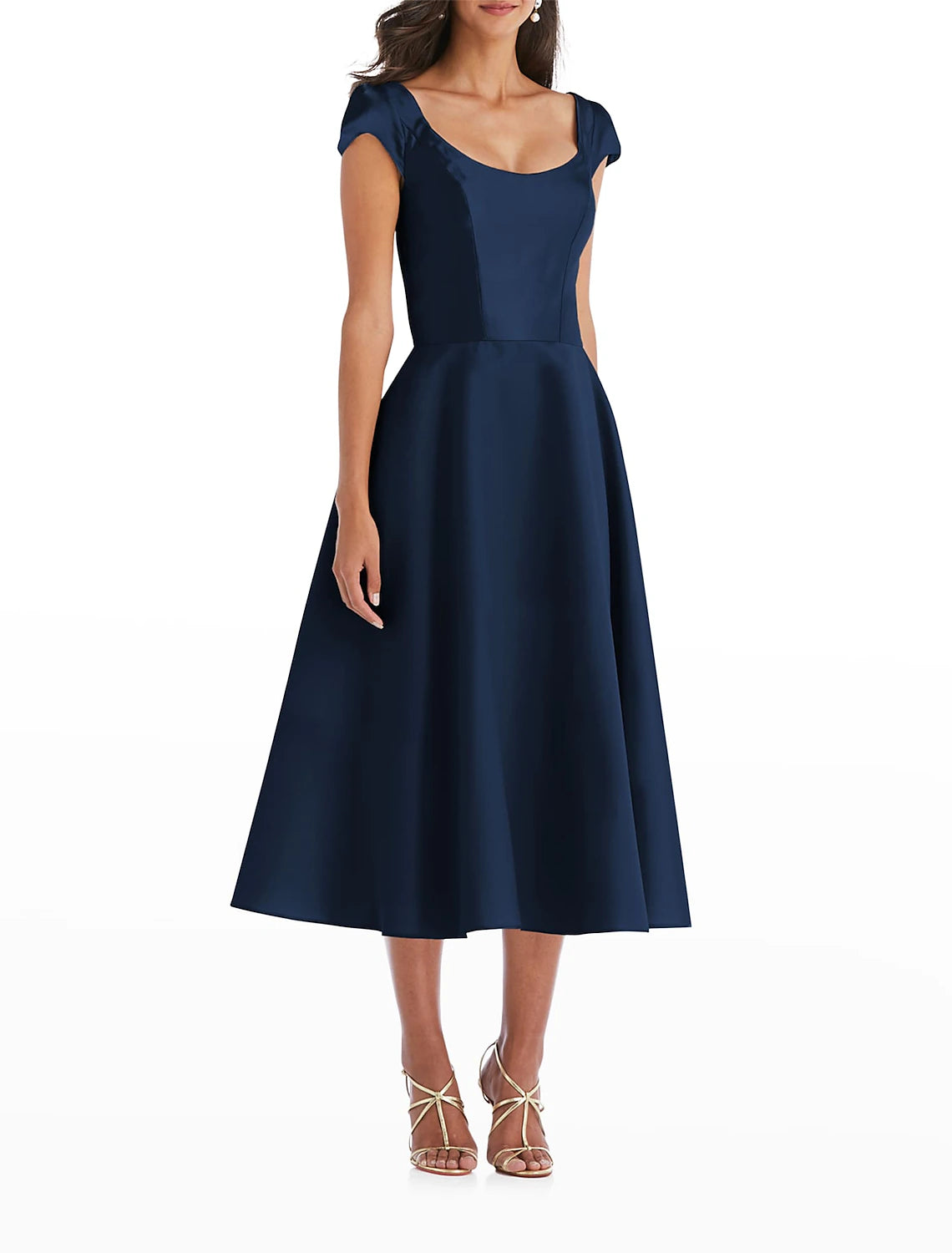 Wholesa A-Line Cocktail Dresses Elegant Dress Wedding Guest Engagement Tea Length Short Sleeve Scoop Neck Italy Satin with Draping