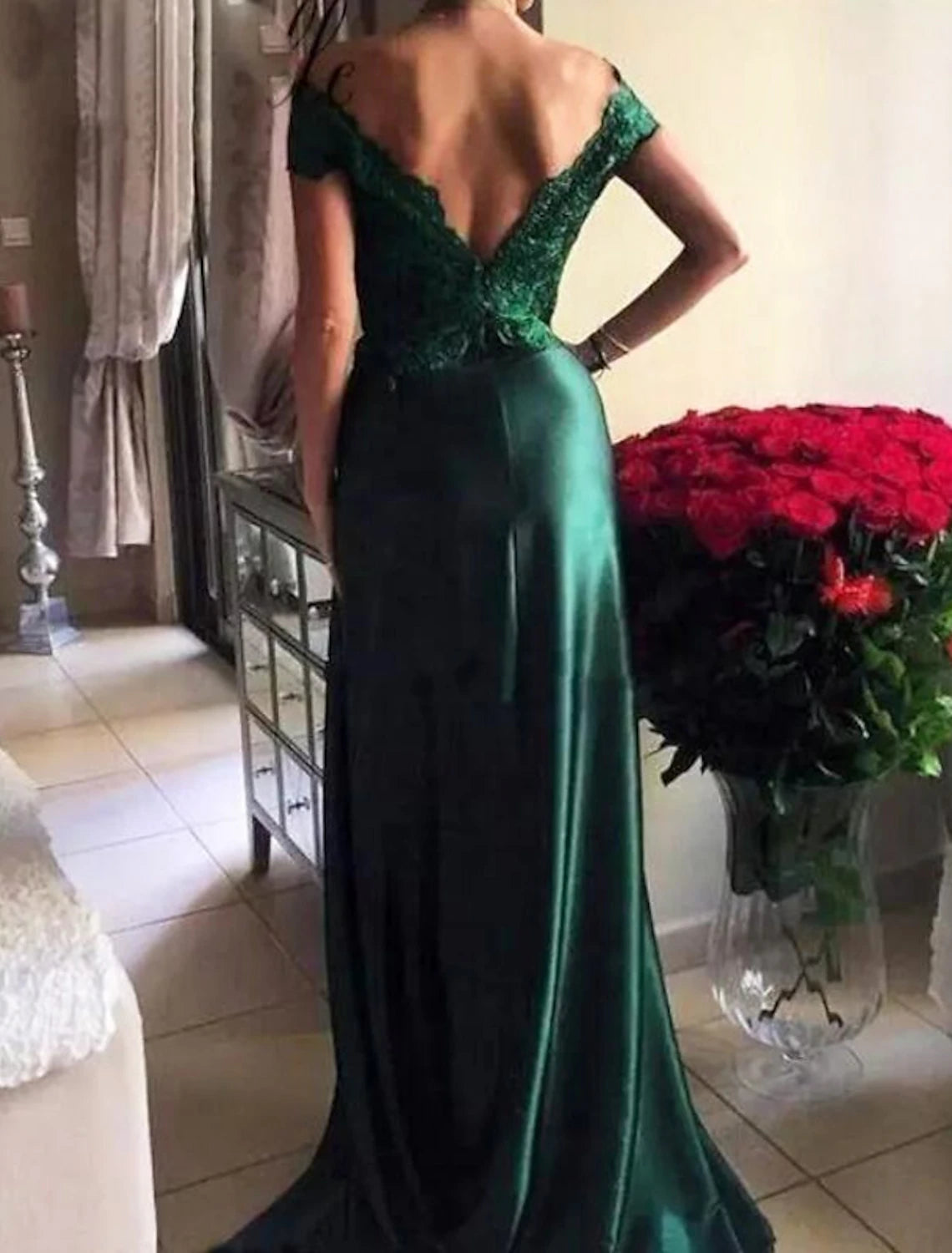 wholesale  A-Line Elegant High Split Prom Formal Evening Dress Off Shoulder Short Sleeve Sweep / Brush Train Lace with Slit Appliques