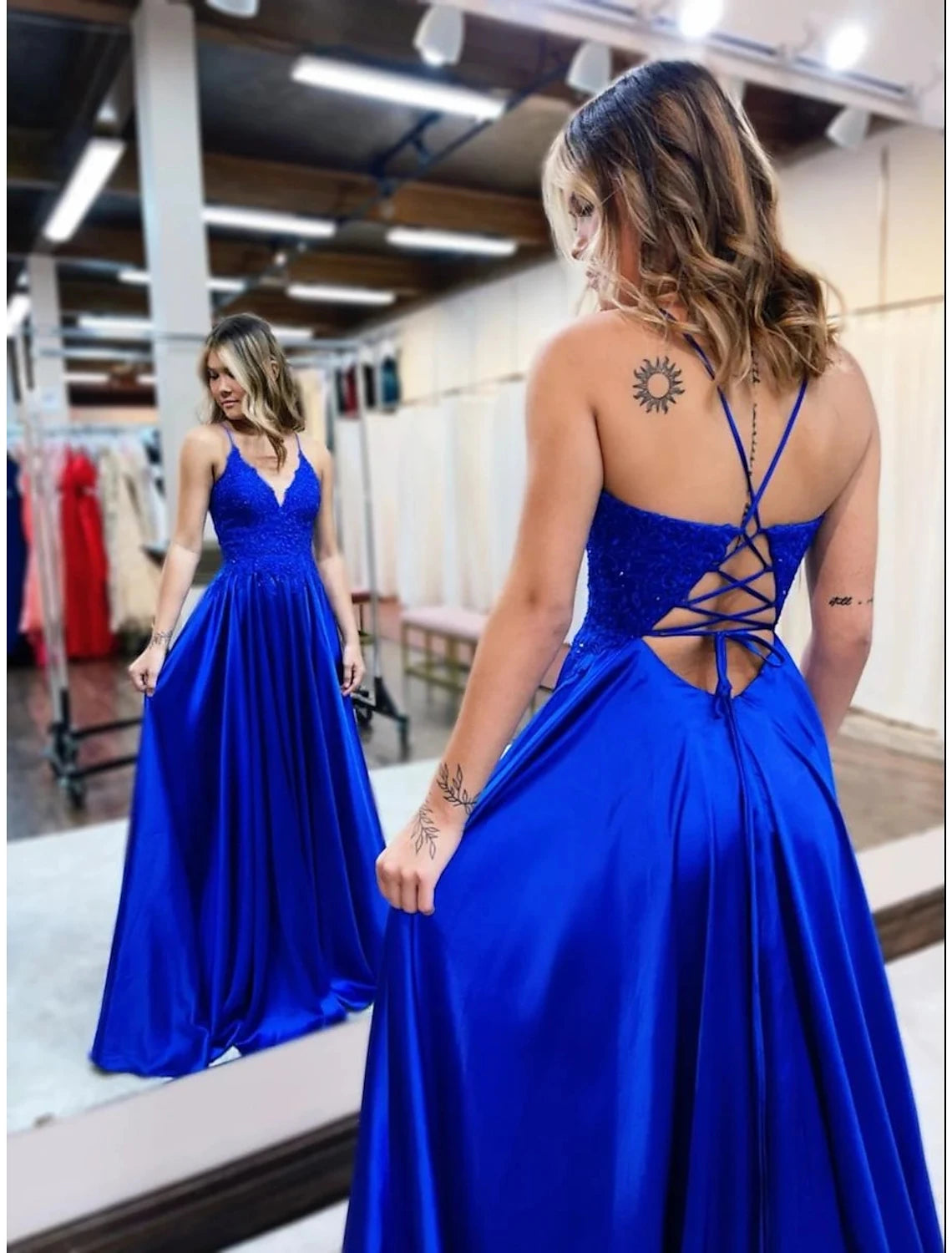 wholesale   A-Line Prom Dresses Empire Dress Formal Wedding Party Court Train Sleeveless V Neck Satin Backless with Beading Appliques