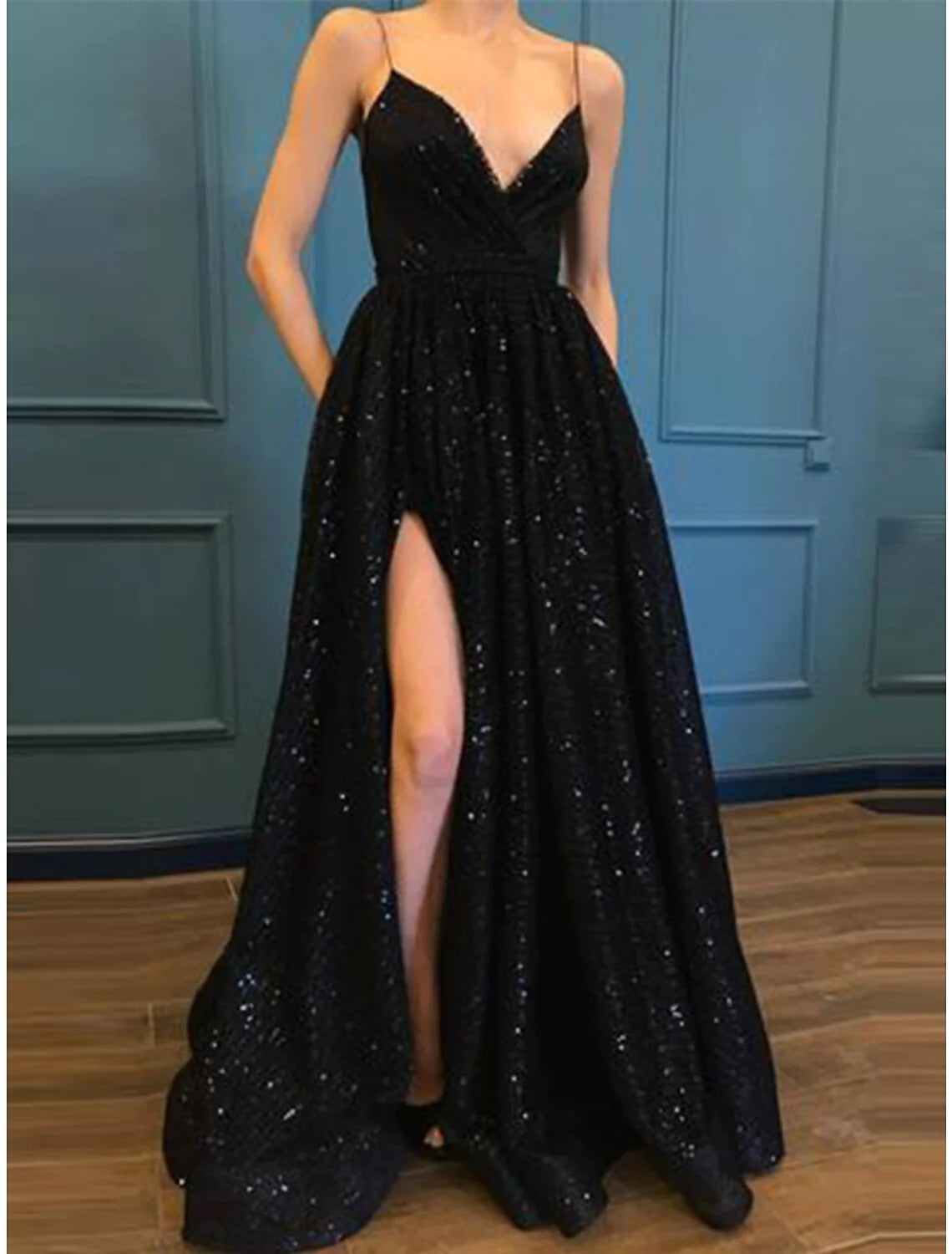 Wholesa A-Line Prom Dresses Glittering Dress Party Wear Floor Length Sleeveless V Neck Sequined with Slit