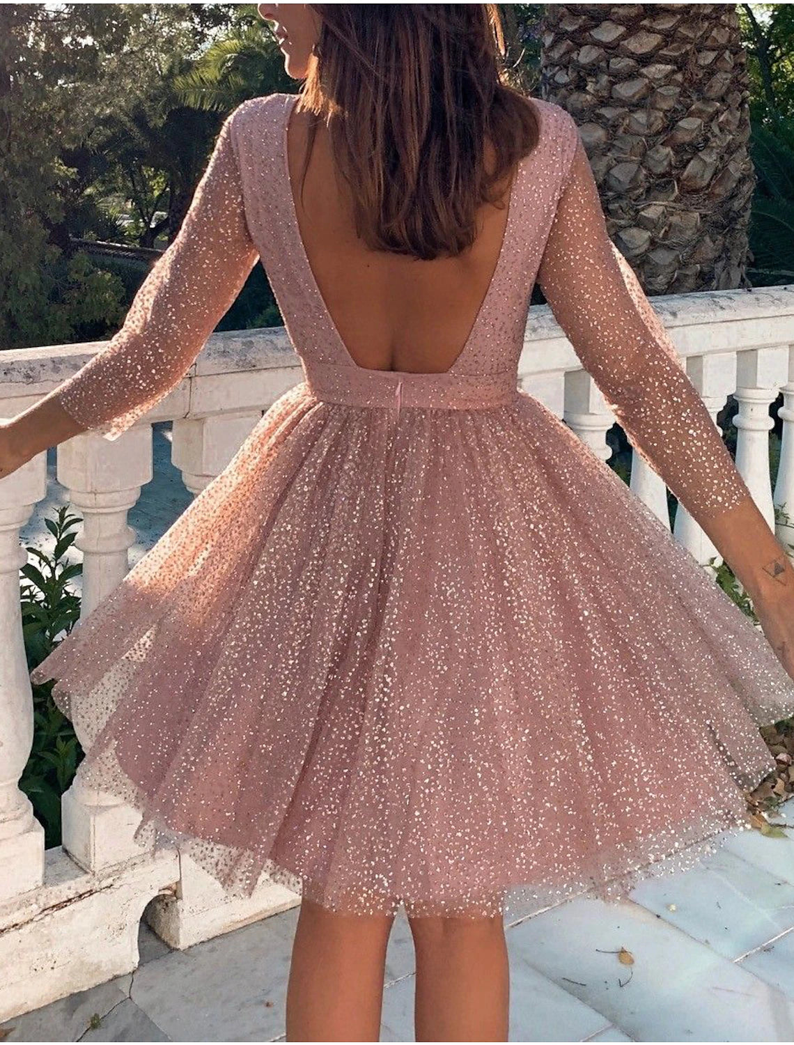 Wholesa A-Line Cocktail Dresses Cute Dress Homecoming Graduation Knee Length 3/4 Length Sleeve Jewel Neck Fall Wedding Guest Tulle with Pleats Sequin