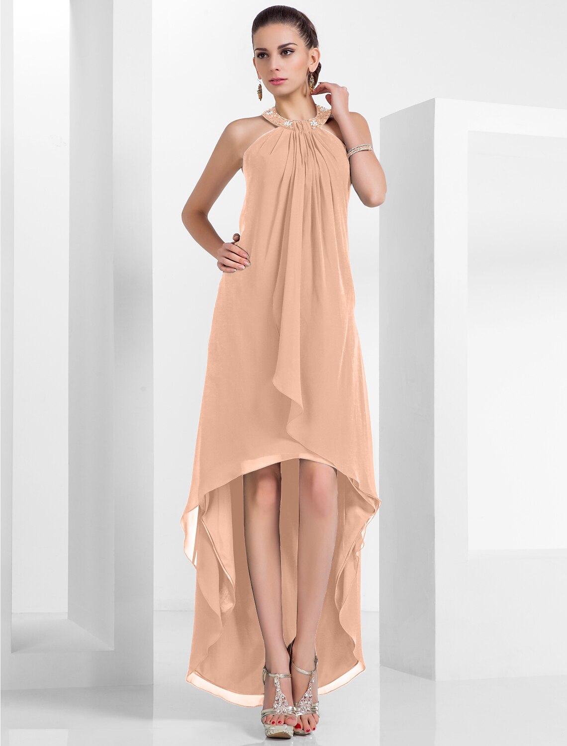 Wholesa A-Line Elegant Dress Wedding Guest Cocktail Party Asymmetrical Sleeveless Halter Neck Chiffon Backless with Pleats Beading