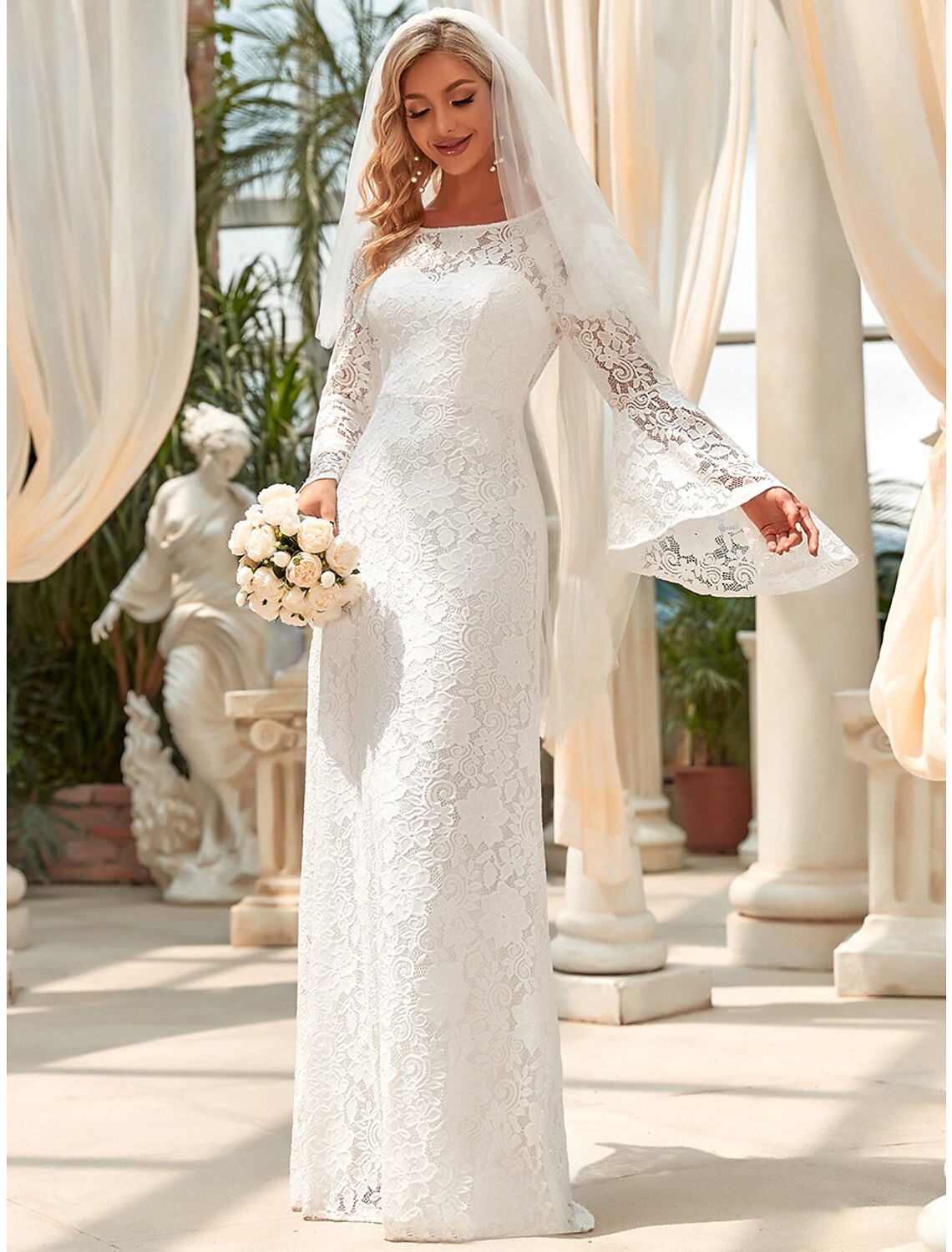 wholesale  Hall Wedding Dresses Mermaid / Trumpet Jewel Neck Long Sleeve Floor Length Lace Bridal Gowns With Lace