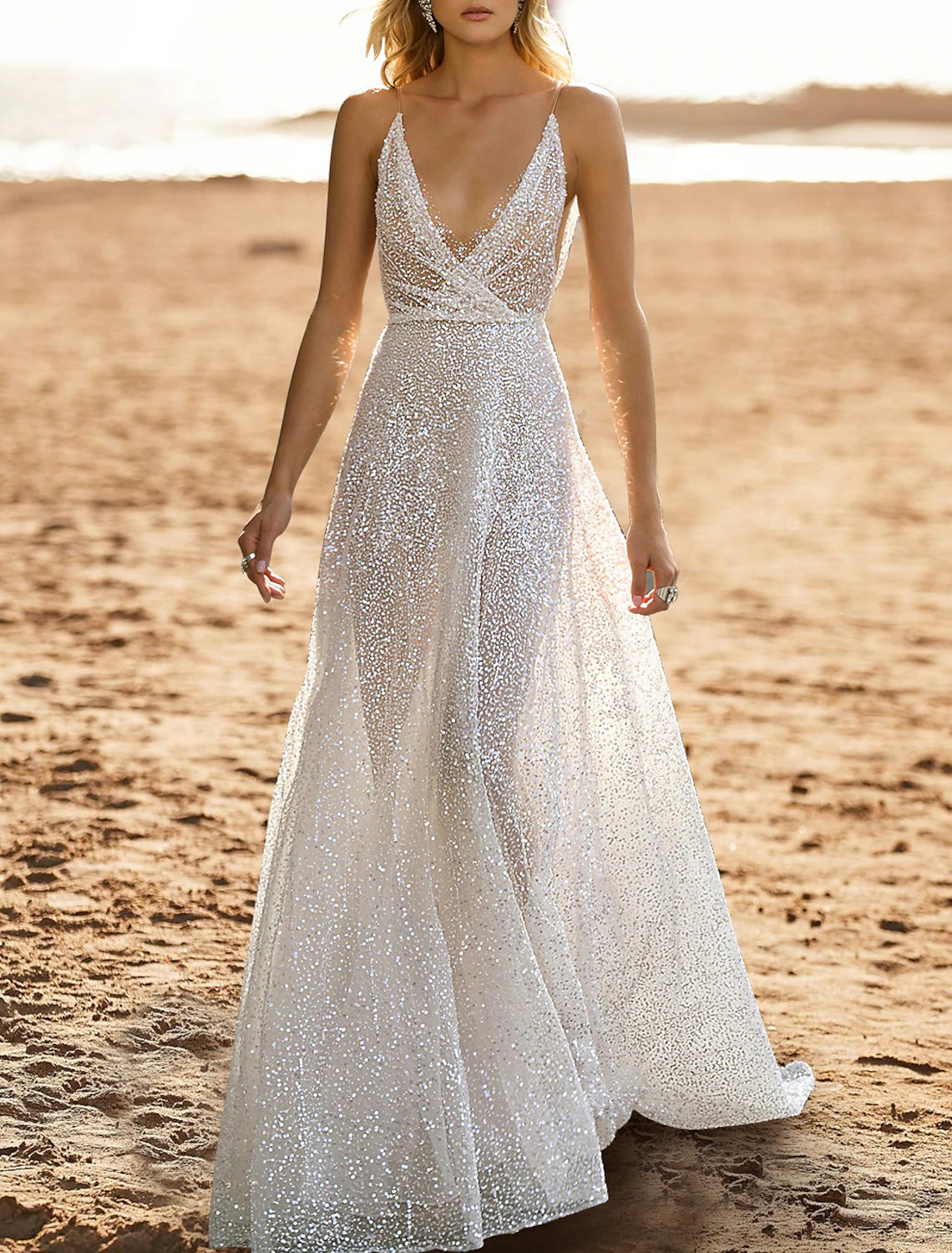 Wholesa  Beach Open Back Casual Wedding Dresses A-Line Camisole V Neck Sleeveless Sweep / Brush Train Sequined Bridal Gowns With Beading
