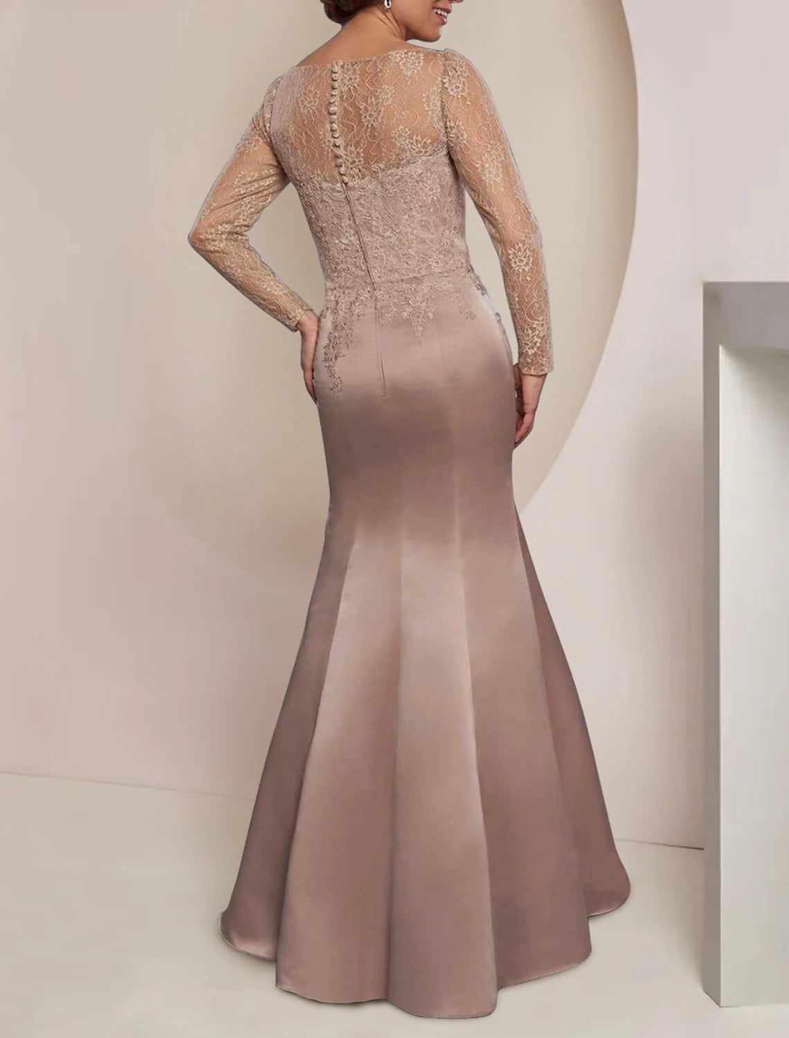 Wholesa Mermaid / Trumpet Mother of the Bride Dress Wedding Guest Elegant Party Jewel Neck Floor Length Imitated Silk Long Sleeve with Lace Pleats