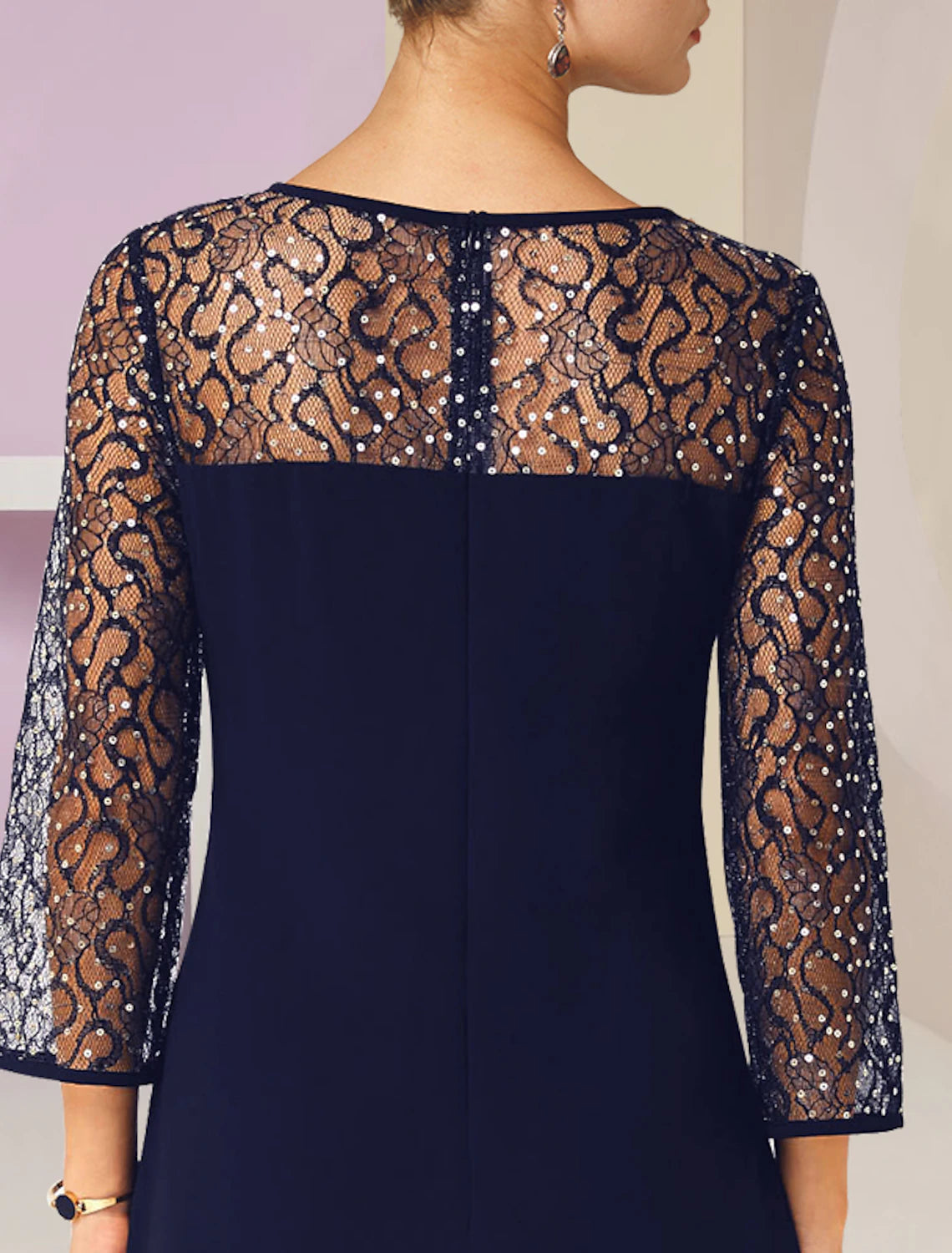 wholesale  A-Line Mother of the Bride Dress Formal Wedding Guest Elegant Scoop Neck Knee Length Lace 3/4 Length Sleeve with Sequin