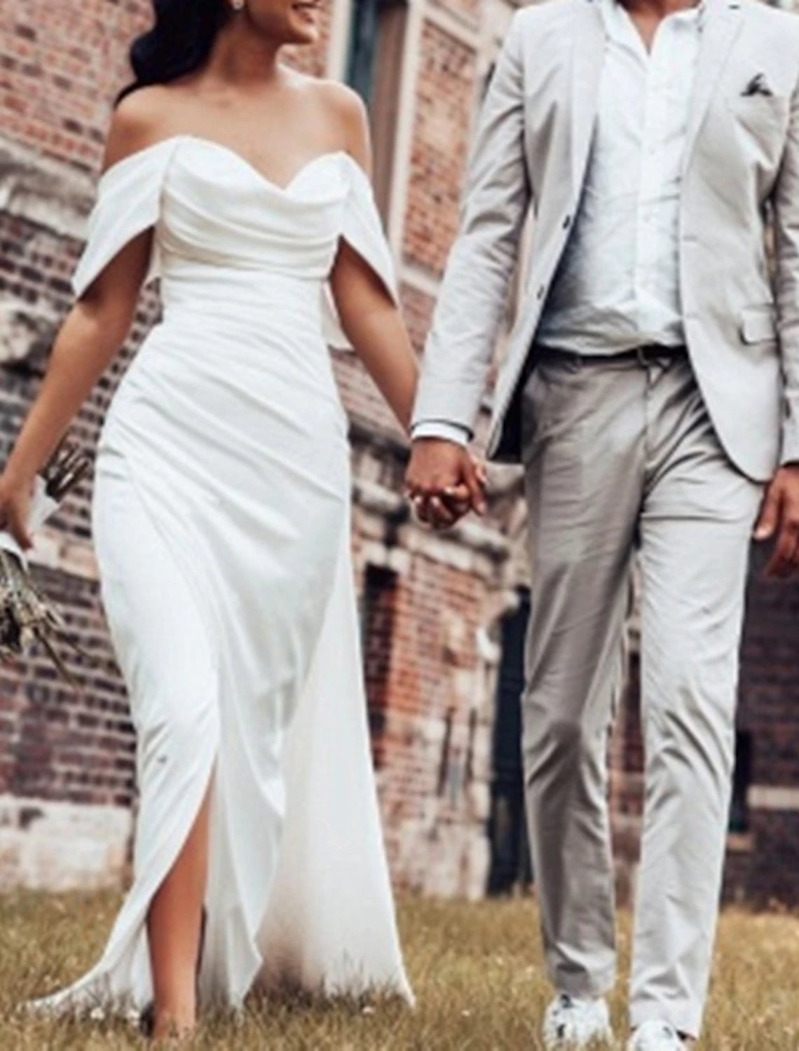 Wholesa Hall Simple Wedding Dresses Sheath / Column Off Shoulder Cap Sleeve Court Train Satin Bridal Gowns With Ruched Split Front Summer Wedding Party