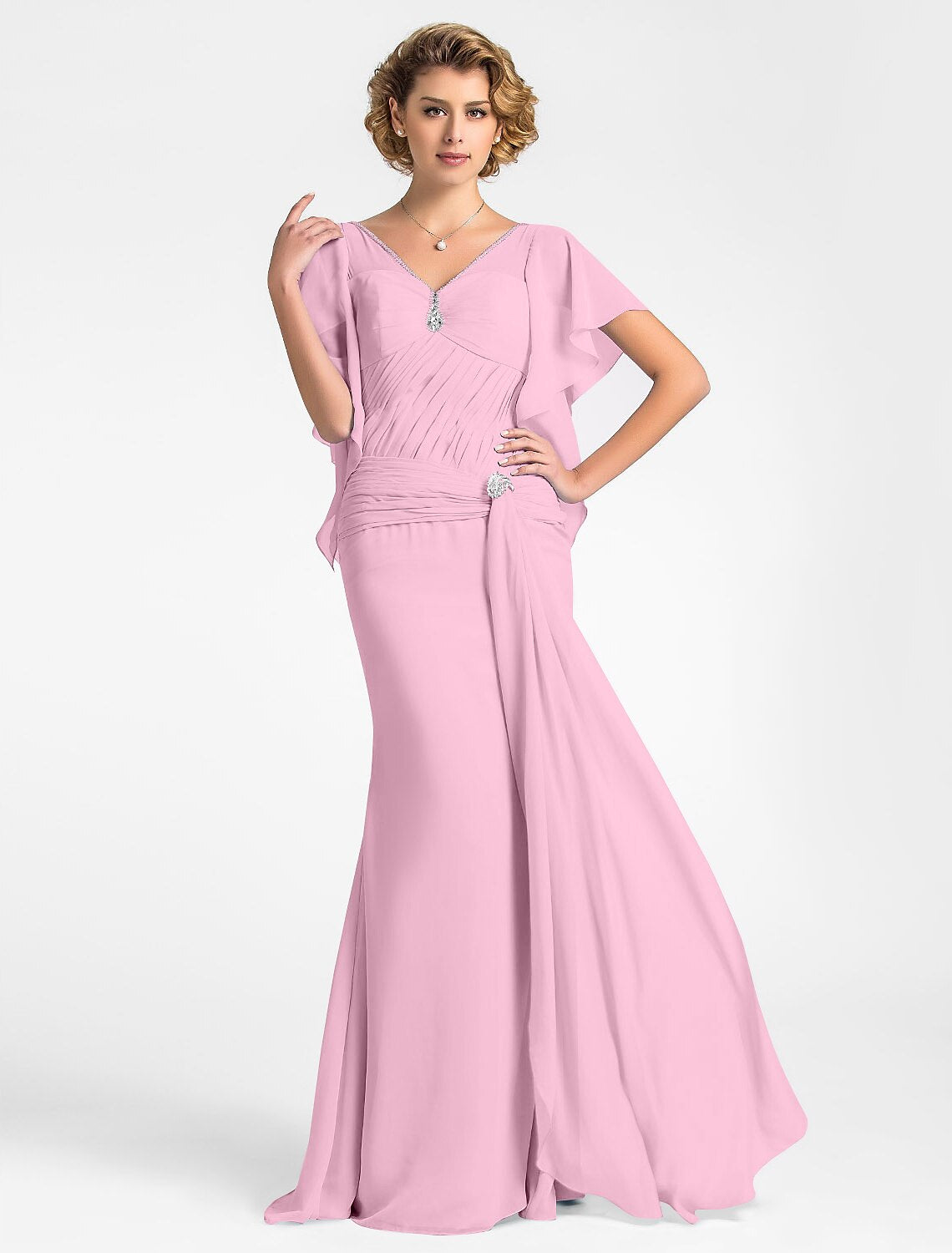 wholesale Mermaid / Trumpet Mother of the Bride Dress Vintage Inspired V Neck Floor Length Chiffon Short Sleeve with Beading Side Draping Crystal Brooch