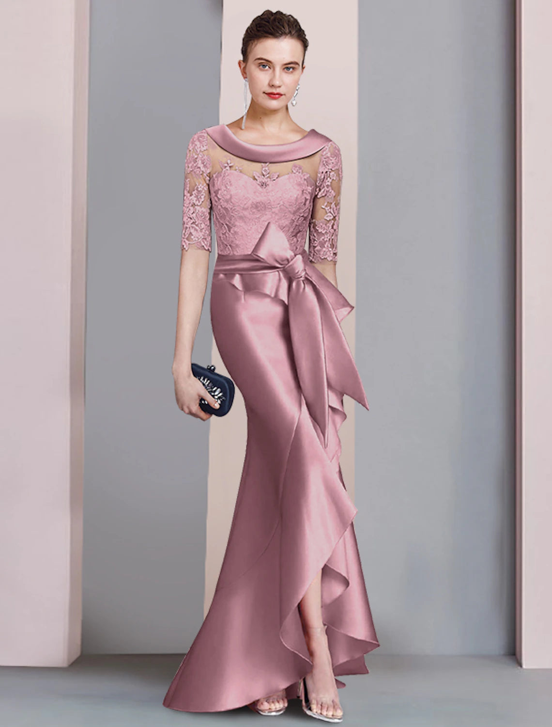 wholesale   Mermaid / Trumpet Mother of the Bride Dress Formal Fall Wedding Guest Dresses Elegant High Low Scoop Neck Sweep / Brush Train Asymmetrical Satin Lace Half Sleeve with Bow(s) Appliques