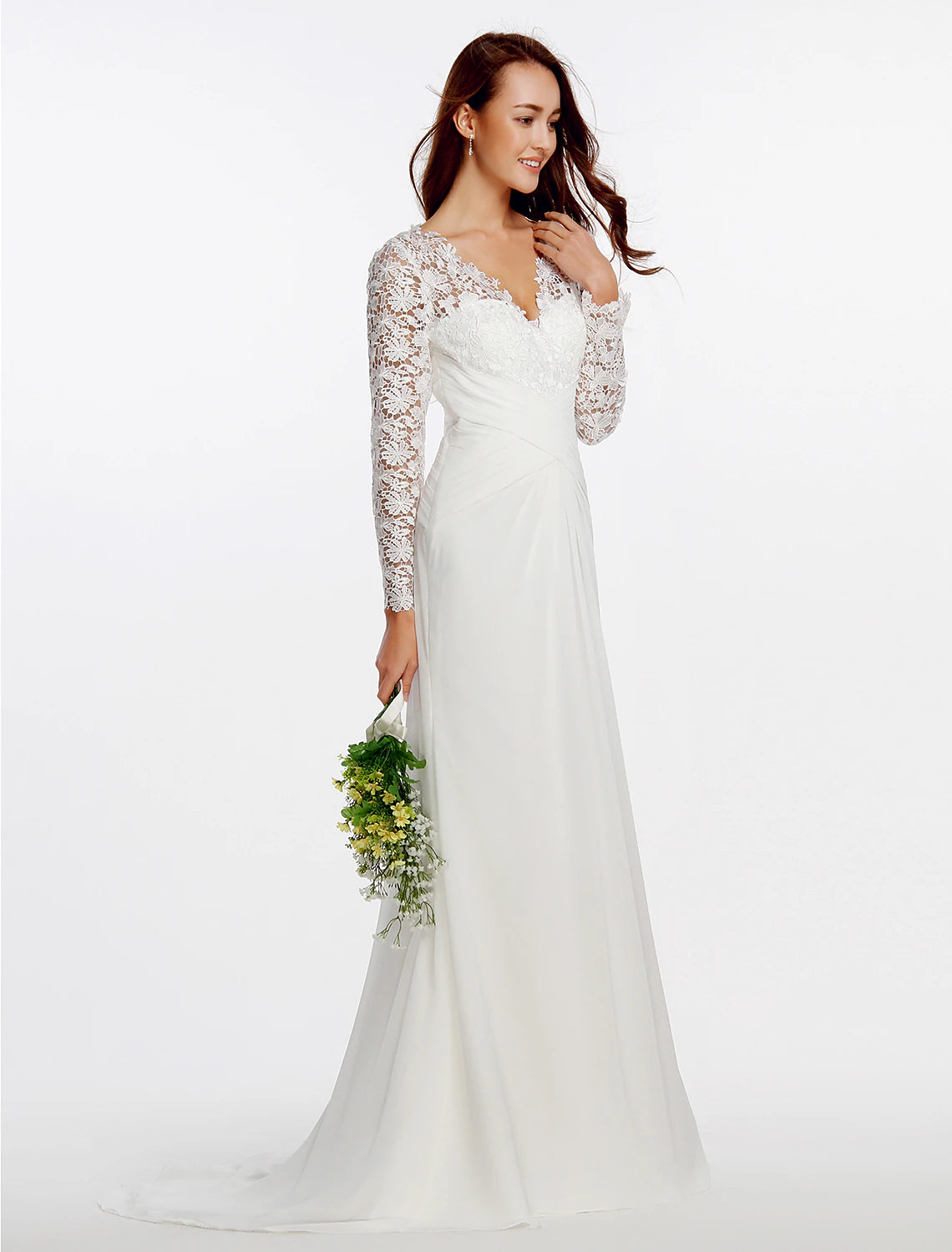 wholesale  Beach Boho Wedding Dresses Sheath / Column V Neck Long Sleeve Sweep / Brush Train Chiffon Bridal Gowns With Lace Buttons