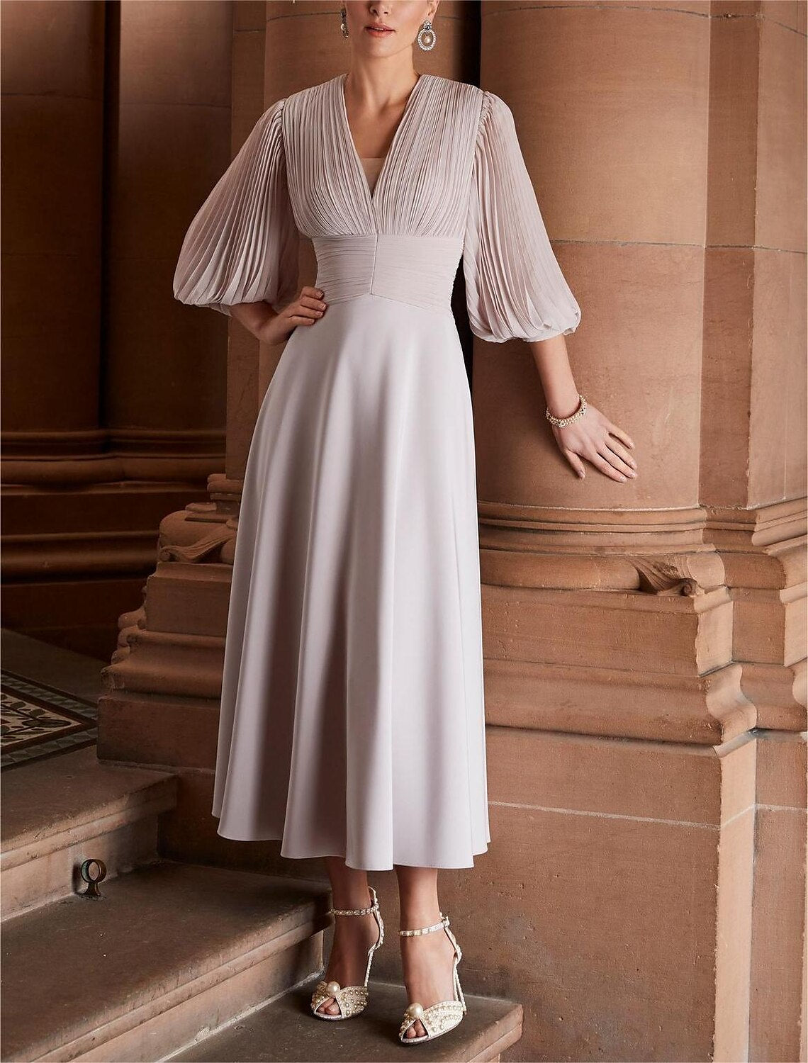 Wholesa  A-Line Mother of the Bride Dress Formal Wedding Guest Elegant V Neck Ankle Length Chiffon 3/4 Length Sleeve with Ruched Solid Color