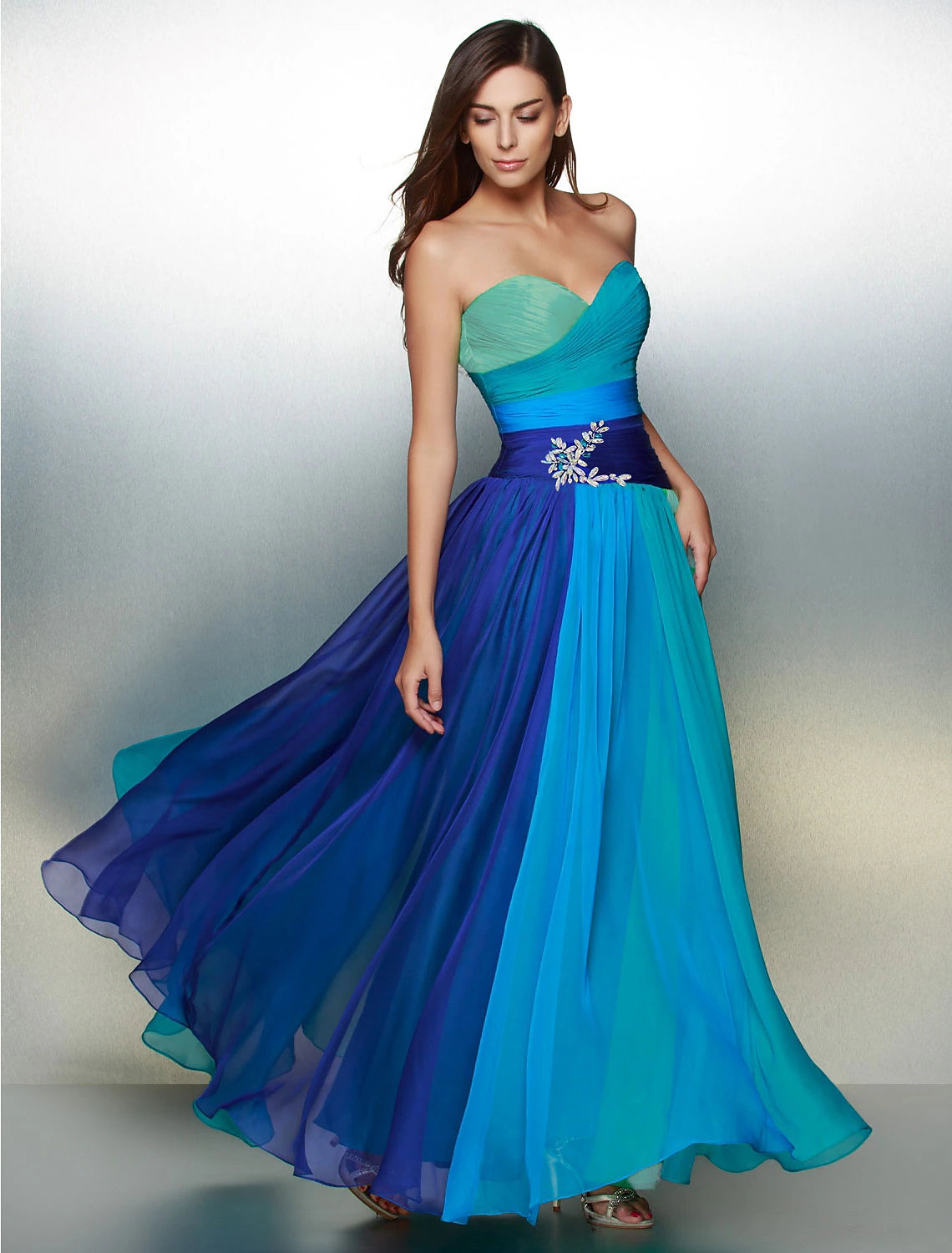 wholesa A-Line Color Block Dress Wedding Guest Prom Floor Length Sleeveless Sweetheart Chiffon Backless with Ruched Crystals