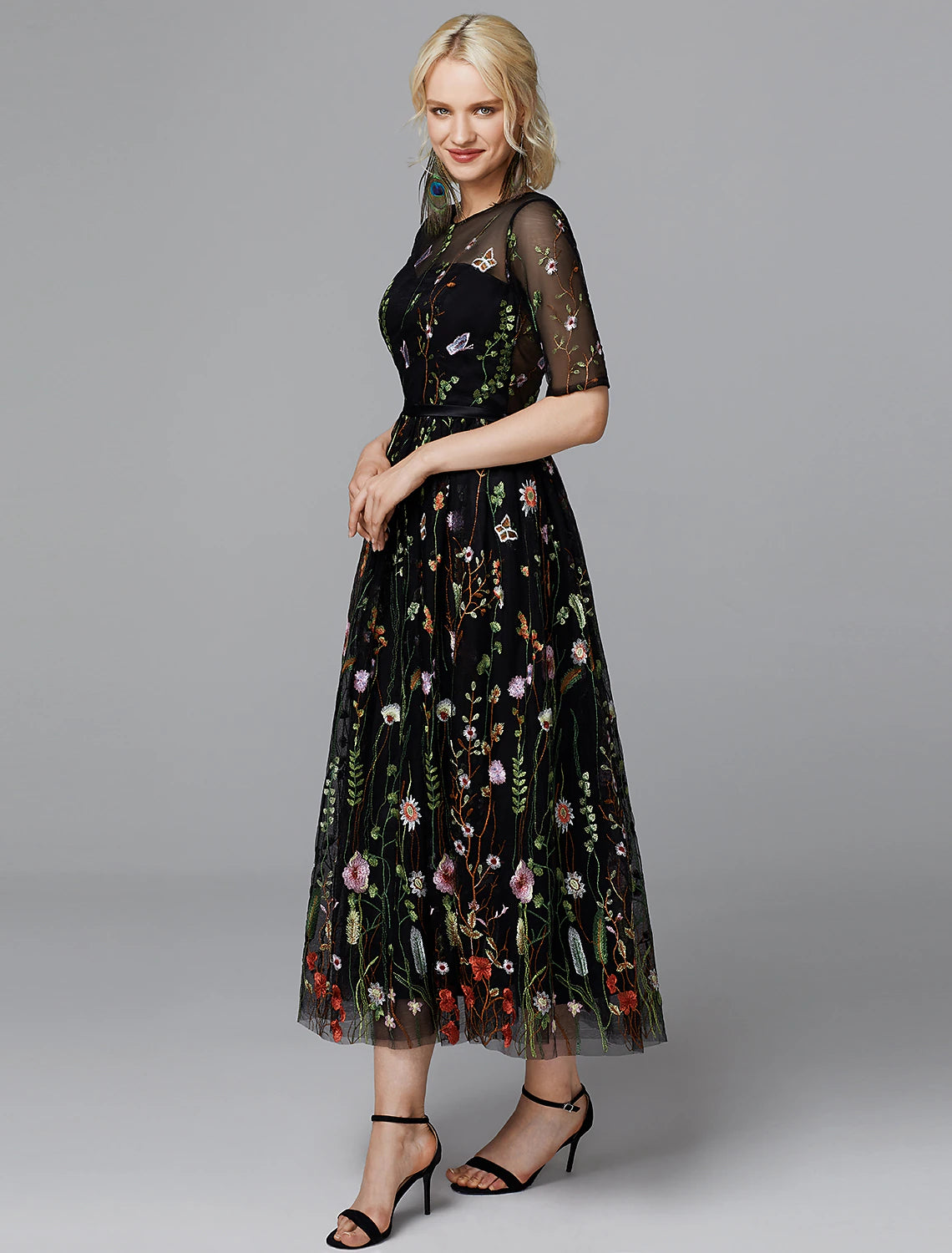 wholesale  A-Line Floral Dress Holiday Wedding Guest Tea Length Half Sleeve Illusion Neck Lace with Embroidery Appliques