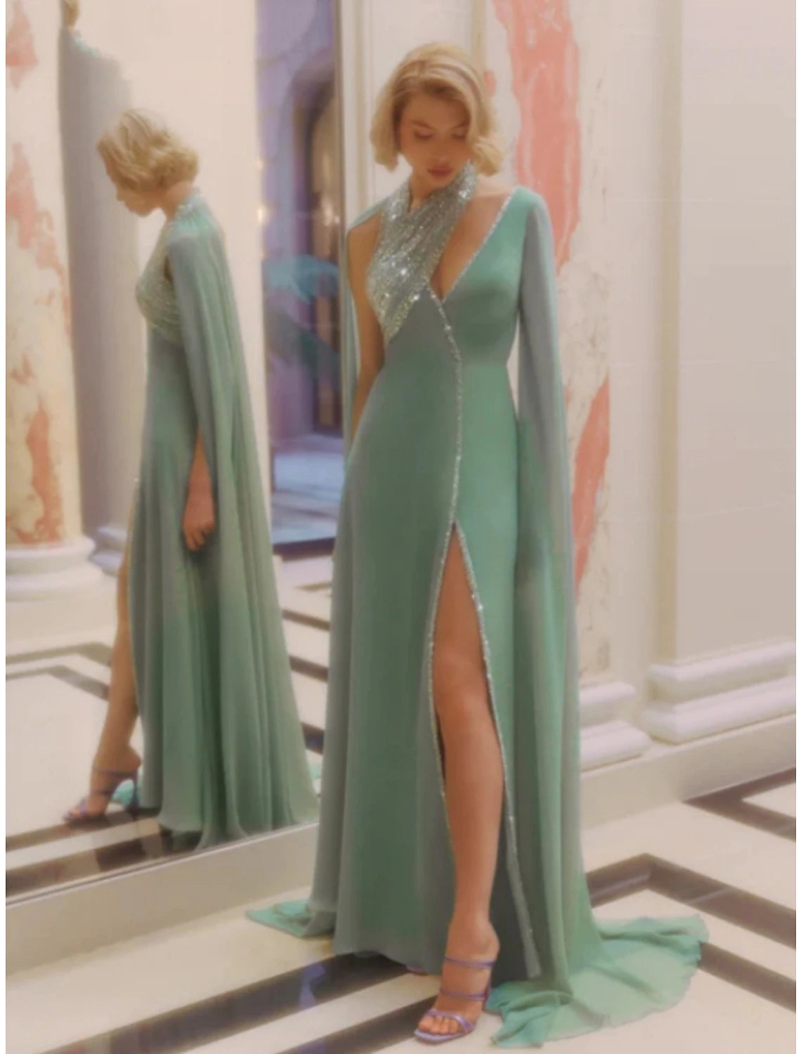 Wholesa  A-Line Evening Gown Elegant Dress Formal Court Train Sleeveless V Neck Sequined with Glitter Pleats Slit