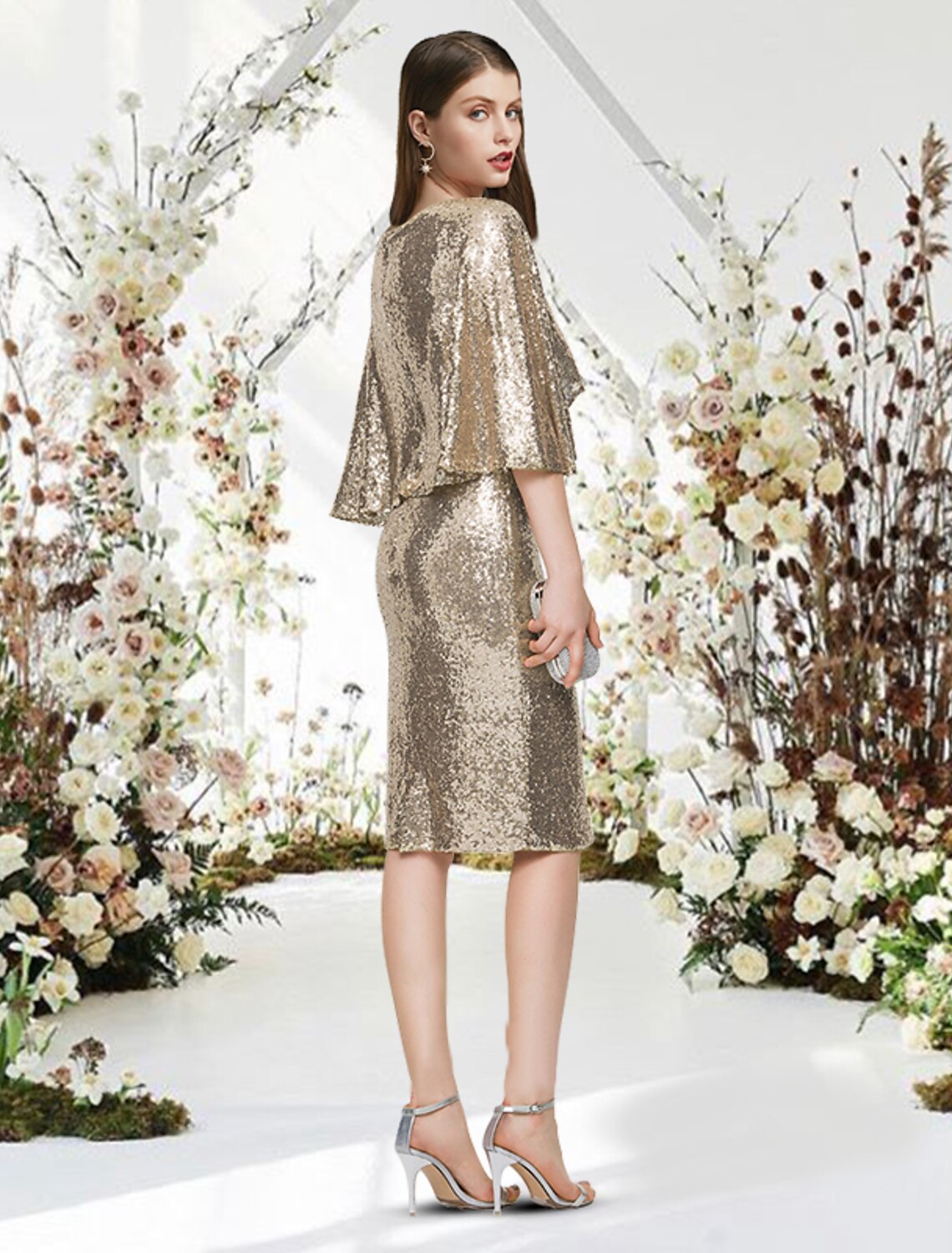 Wholesa  Sheath / Column Cocktail Dresses Glittering Dress Graduation Cocktail Party Knee Length Half Sleeve V Neck Sequined with Sleek
