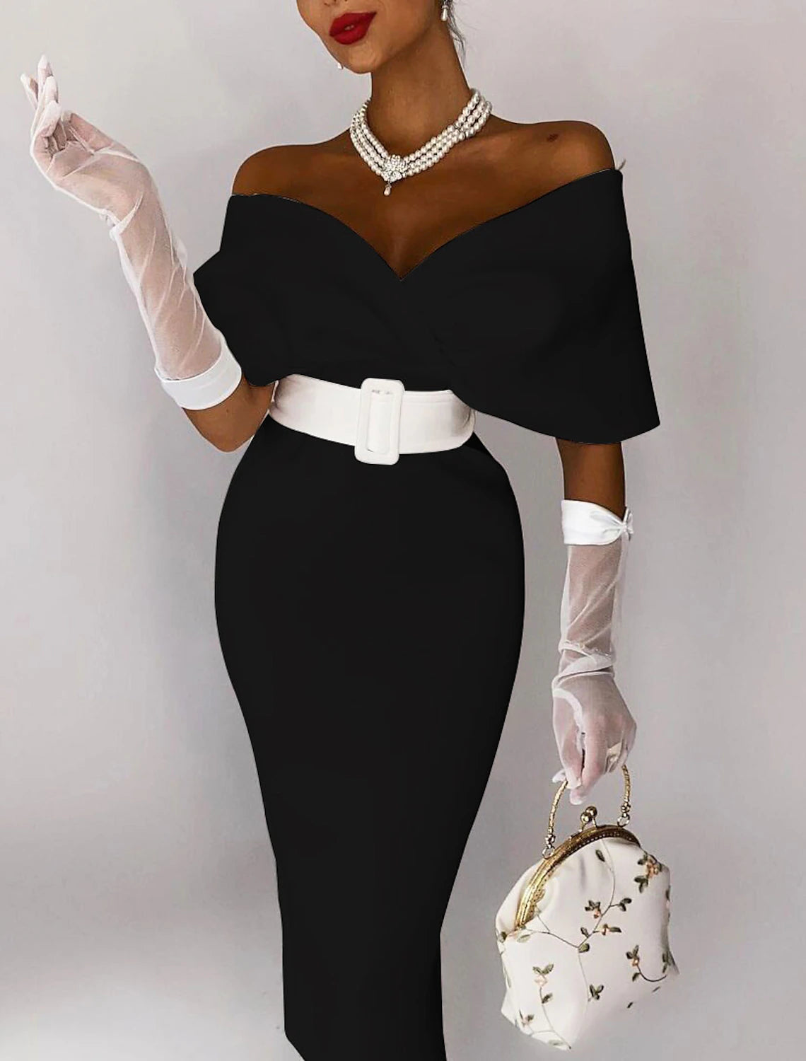 Wholesa Sheath / Column Cocktail Dresses Elegant Dress Wedding Guest Party Wear Tea Length Sleeveless Off Shoulder Stretch Fabric with Sash / Ribbon