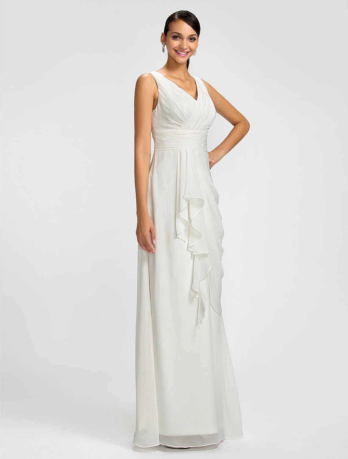Wholesa Sheath / Column V Neck Floor Length Chiffon Bridesmaid Dress with Draping / Sash / Ribbon / Side Draping