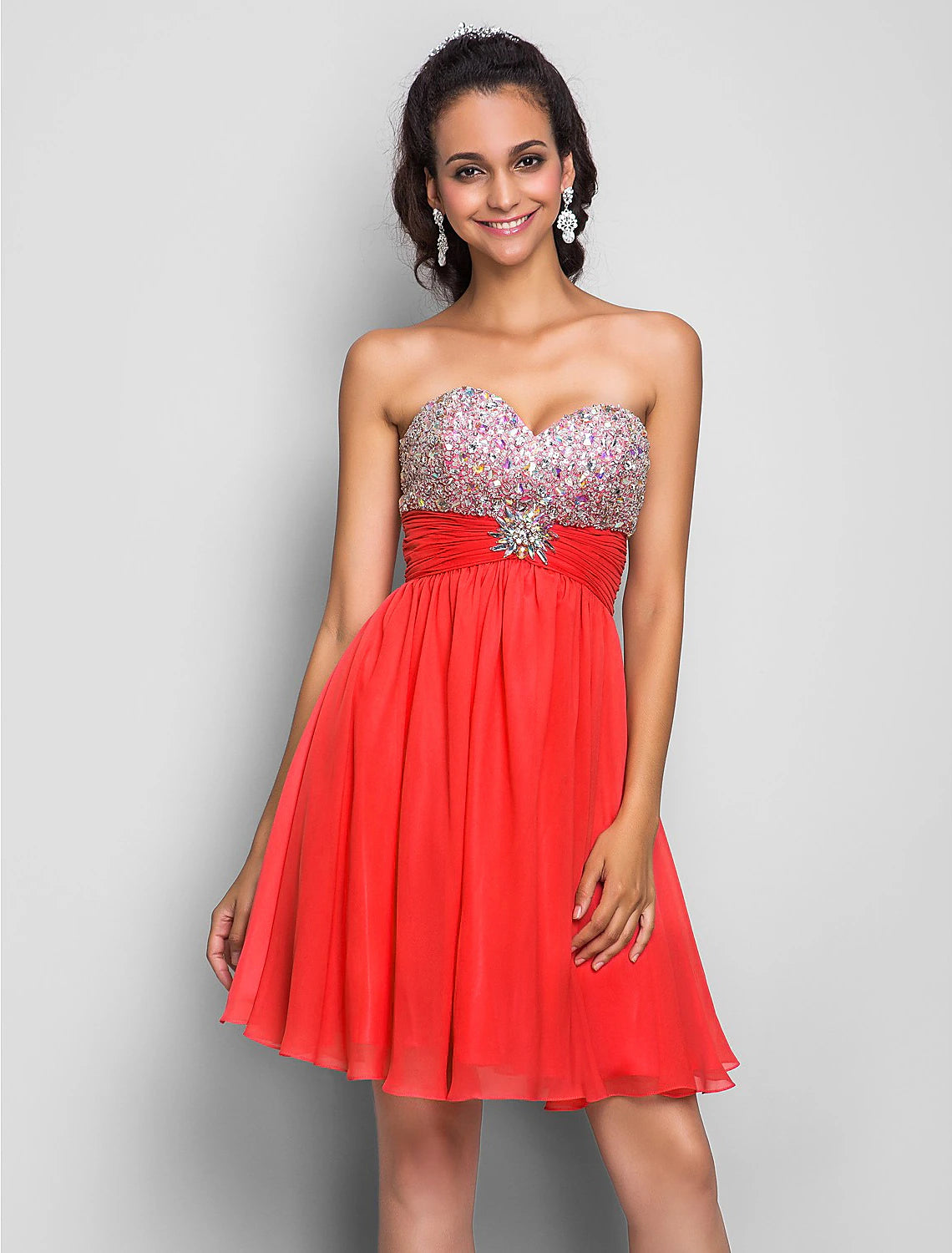 Wholesa A-Line Cute Dress Wedding Guest Cocktail Party Short / Mini Sleeveless Sweetheart Pink Dress Chiffon with Ruched Crystals Beading
