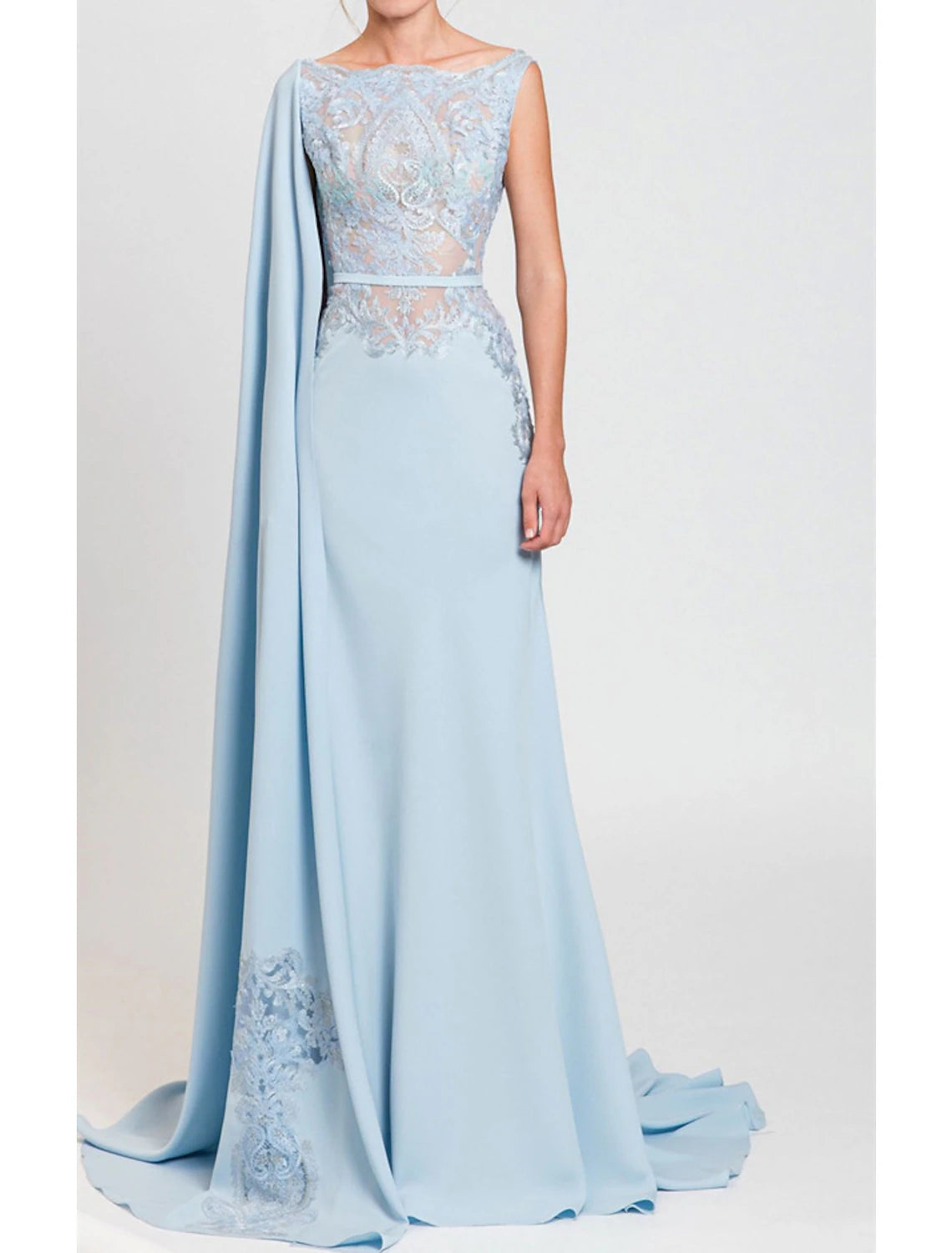 Wholesa  Mermaid / Trumpet Mother of the Bride Dress Formal Wedding Guest Party Elegant Jewel Neck Court Train Chiffon Lace Sleeveless with Sash / Ribbon Appliques