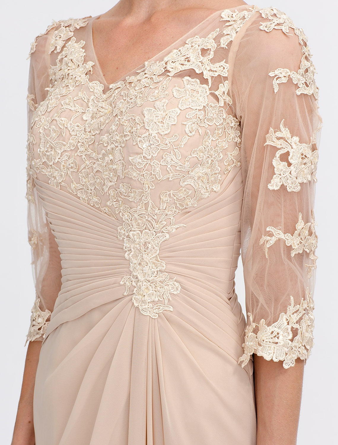 wholesale  A-Line Mother of the Bride Dress Fall Wedding Guest Dresses Plus Size Elegant See Through V Neck Floor Length Chiffon Half Sleeve with Appliques Side Draping