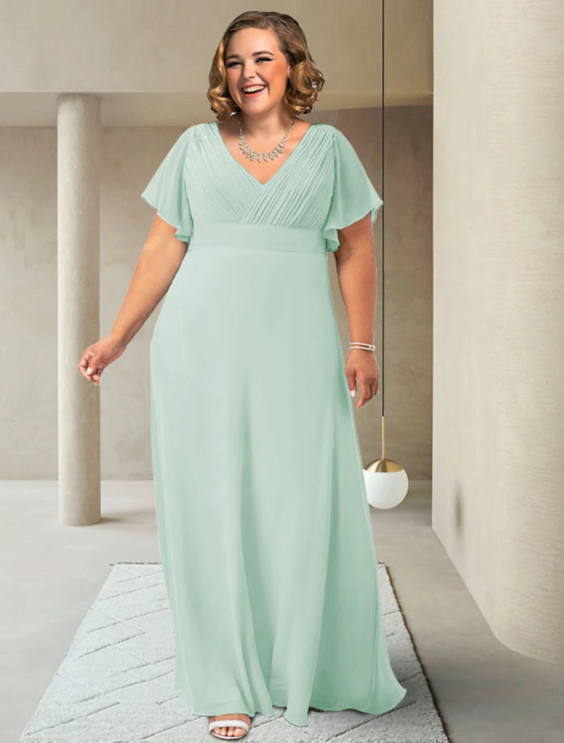 wholesale  A-Line Mother of the Bride Dress Plus Size Elegant V Neck Floor Length Chiffon Short Sleeve with Sash / Ribbon Ruching