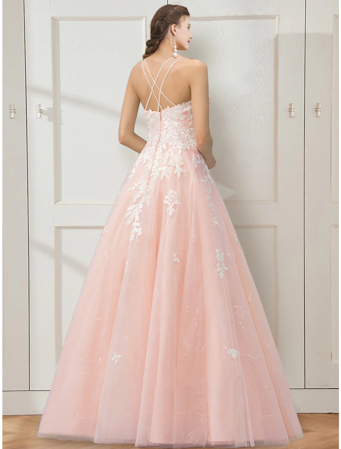 wholesale  Ball Gown Prom Dresses Floral Dress Masquerade Prom Floor Length Sleeveless Spaghetti Strap Tulle Crisscross Back with Embroidery