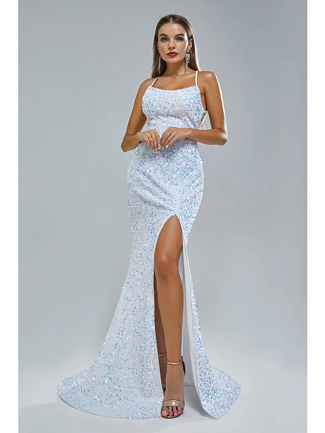 Wholesa Mermaid / Trumpet Evening Gown Elegant Dress Party Wear Court Train Sleeveless Spaghetti Strap Lace Crisscross Back with Sequin Slit