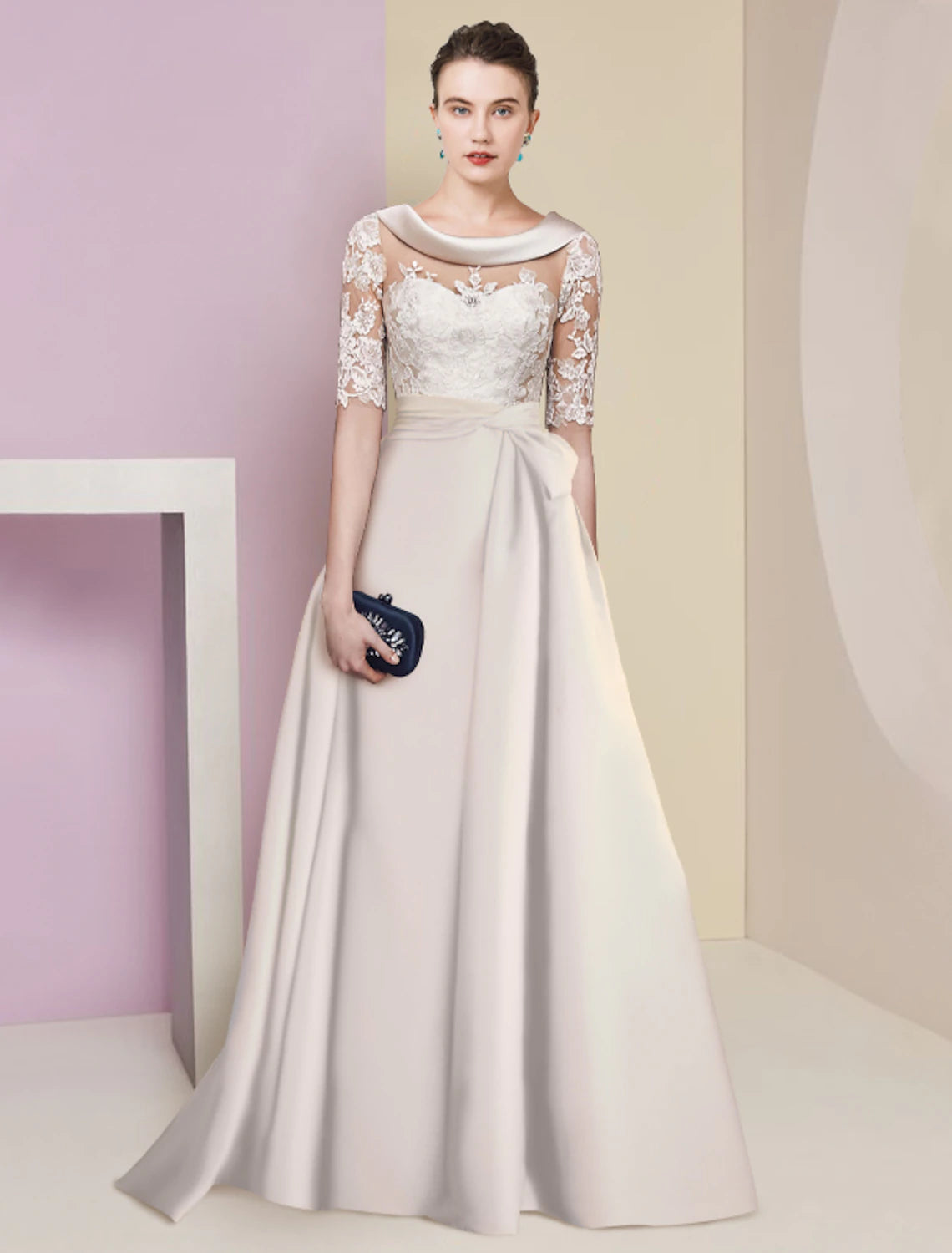 wholesale   A-Line Mother of the Bride Dress Formal Elegant Scoop Neck Floor Length Satin Lace Half Sleeve with Appliques
