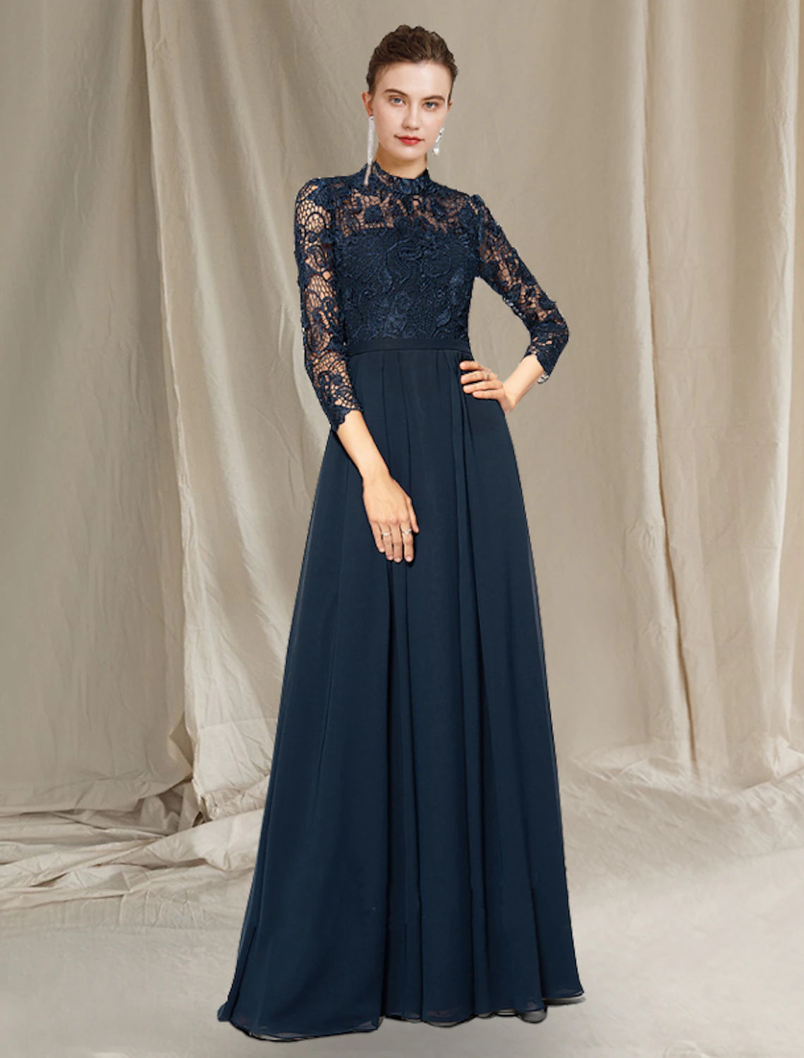 wholesale   A-Line Mother of the Bride Dress Elegant High Neck Floor Length Chiffon Lace Short Sleeve with Pleats