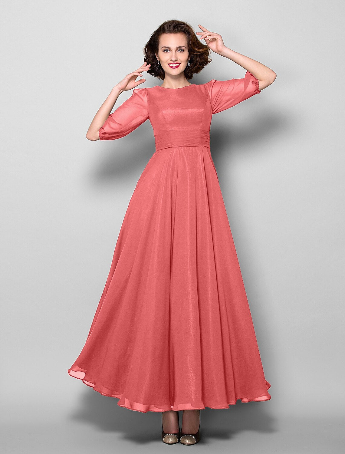wholesale  A-Line Mother of the Bride Dress Elegant Jewel Neck Ankle Length Chiffon Half Sleeve with Sash / Ribbon Ruched