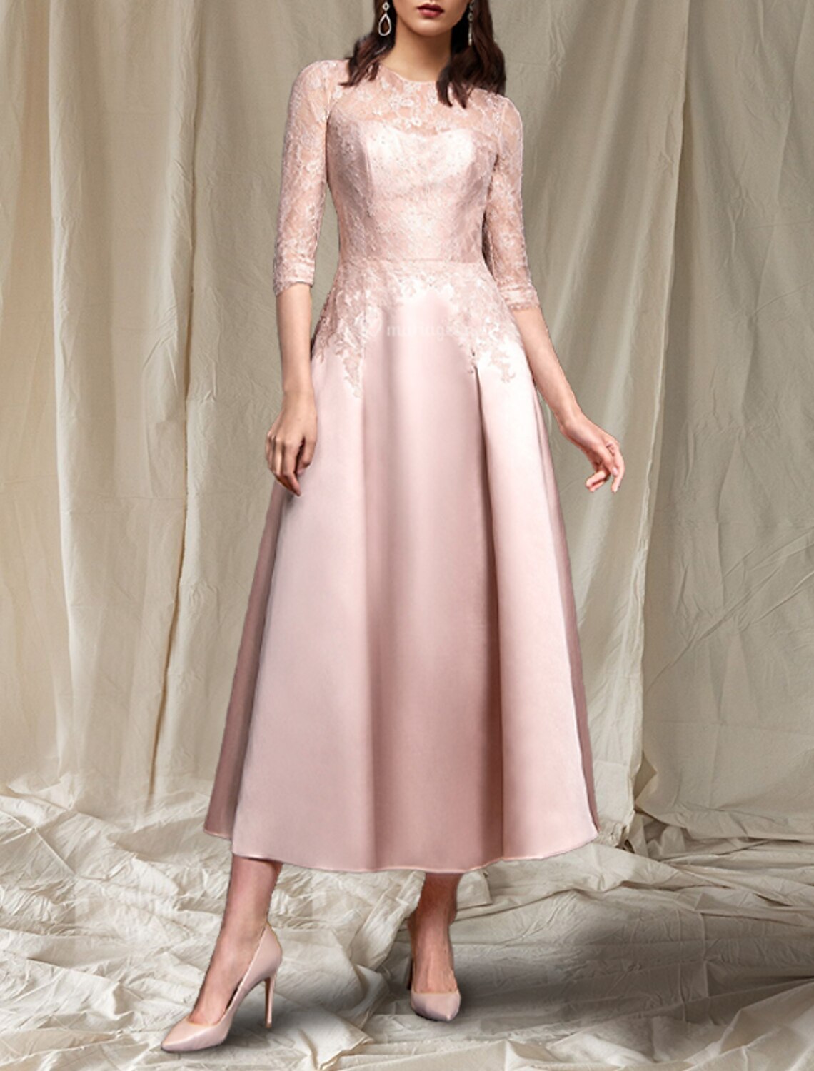 wholesale   A-Line Mother of the Bride Dress Elegant Jewel Neck Tea Length Satin Lace Half Sleeve with Pleats