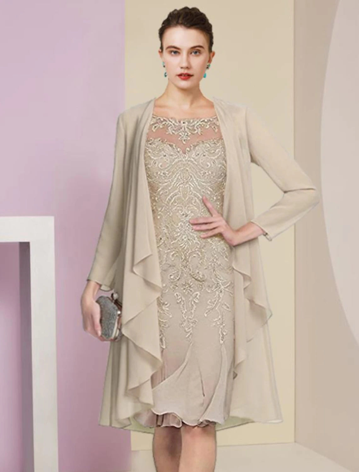 wholesale  Two Piece Mermaid / Trumpet Mother of the Bride Dress Formal Wedding Guest Vintage Elegant Scoop Neck Knee Length Chiffon Lace Half Sleeve Jacket Dresses with Pleats Appliques