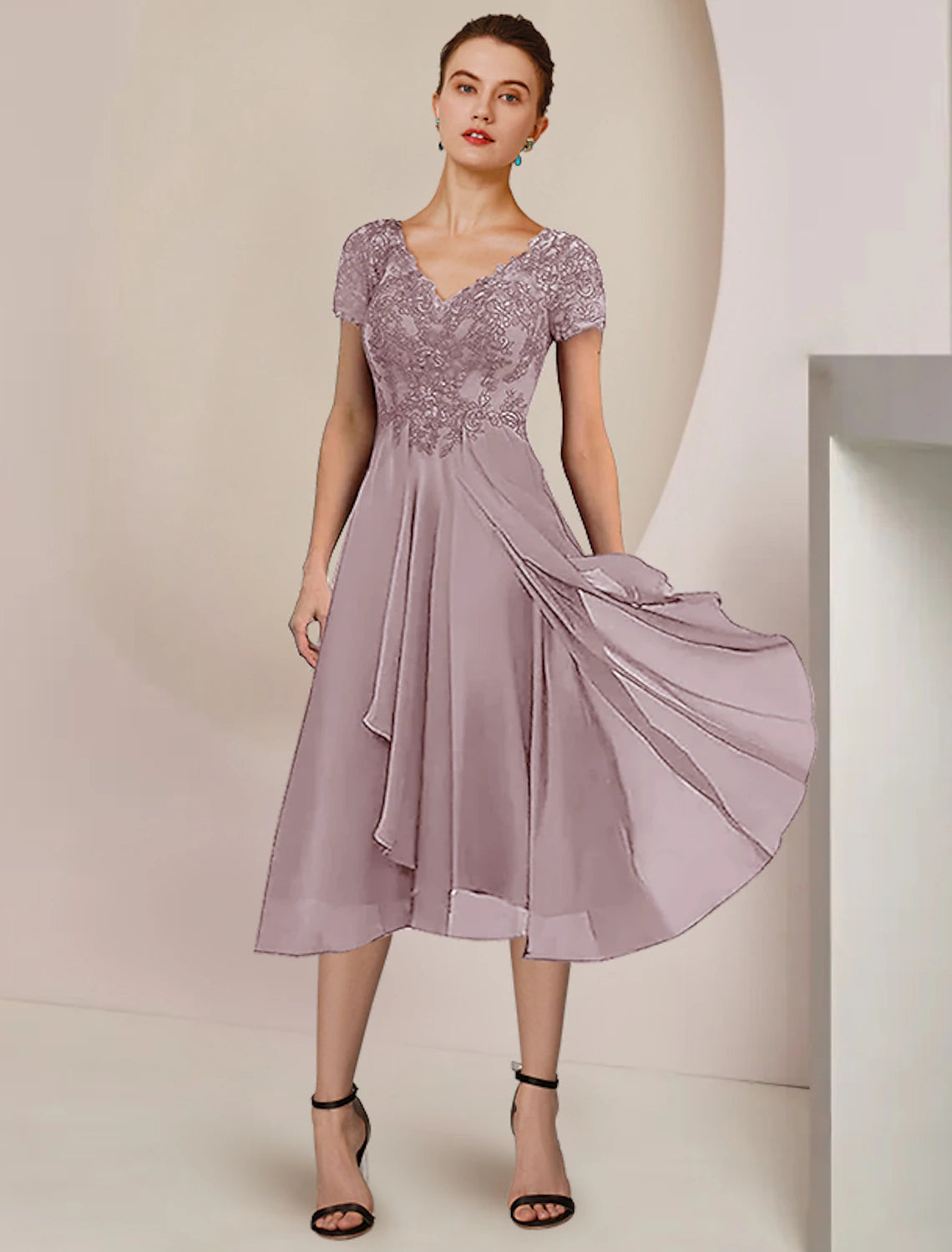wholesale  Two Piece A-Line Mother of the Bride Dress Formal Wedding Guest Elegant V Neck Asymmetrical Tea Length Chiffon Lace Short Sleeve Wrap Included with Pleats Appliques