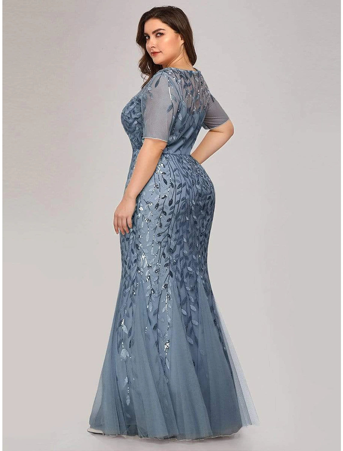 wholesa Mermaid / Trumpet Empire Elegant Party Wear Formal Evening Dress Jewel Neck Short Sleeve Floor Length Tulle with Embroidery / Illusion Sleeve