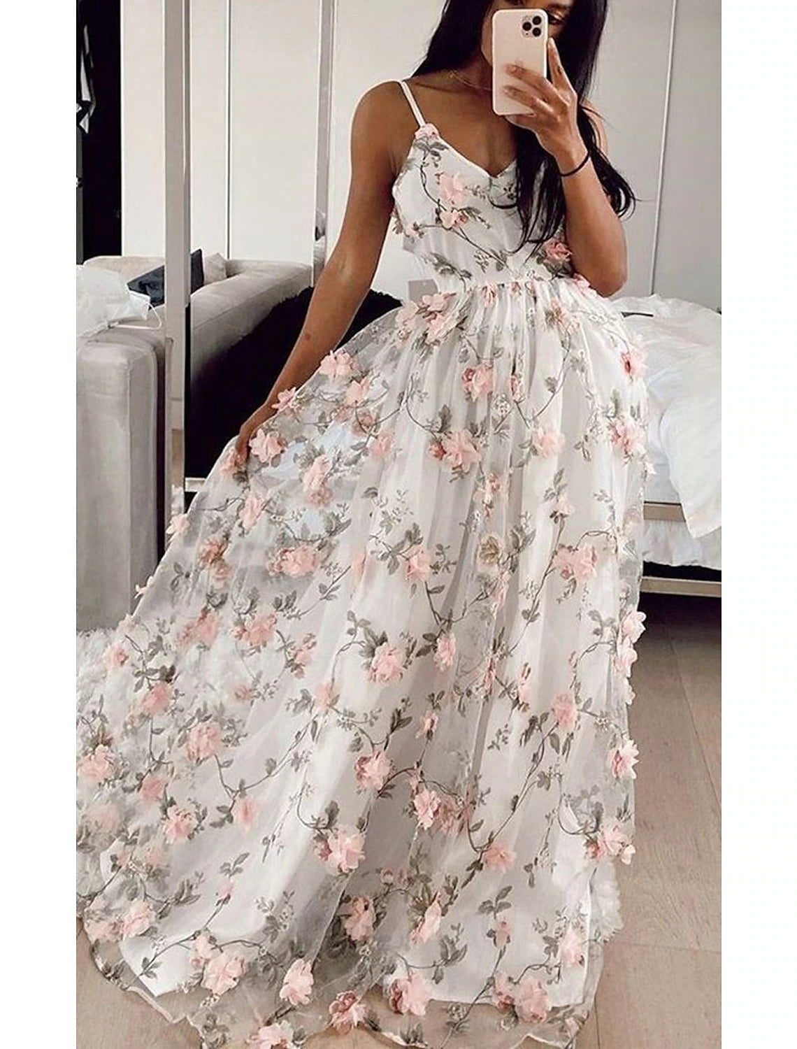 Wholesa A-Line Prom Dresses Floral Dress Formal Wedding Party Floor Length Sleeveless V Neck Lace with Floral Print