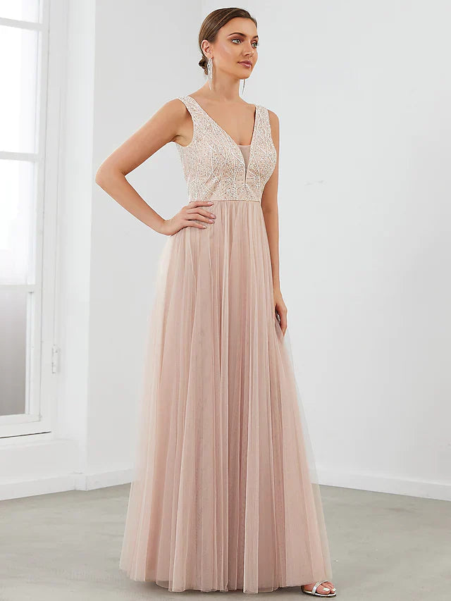 Wholesa A-Line Evening Gown Elegant Dress Wedding Guest Floor Length Sleeveless V Neck Tulle V Back with Sequin Draping
