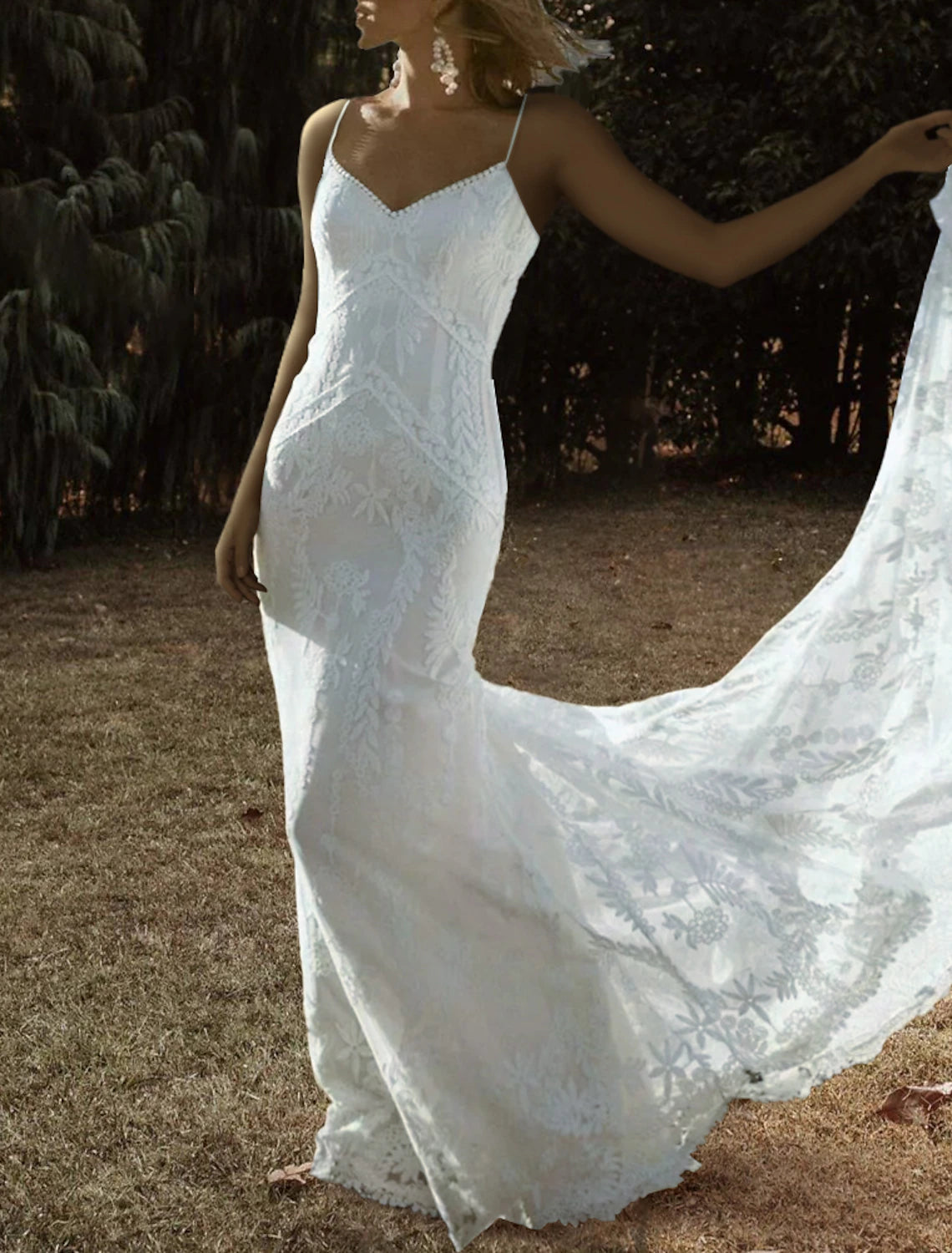 Wholesa  Beach Open Back Boho Wedding Dresses Mermaid / Trumpet Camisole V Neck Spaghetti Strap Court Train Lace Bridal Gowns With Appliques Solid Color