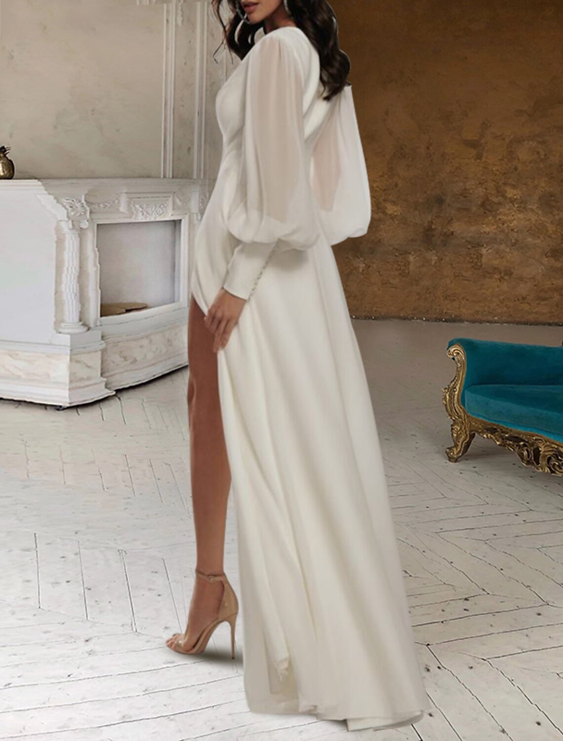 Wholesa  Hall Casual Fall Wedding Dresses A-Line V Neck Long Sleeve Floor Length Chiffon Bridal Gowns With Split Front Solid Color