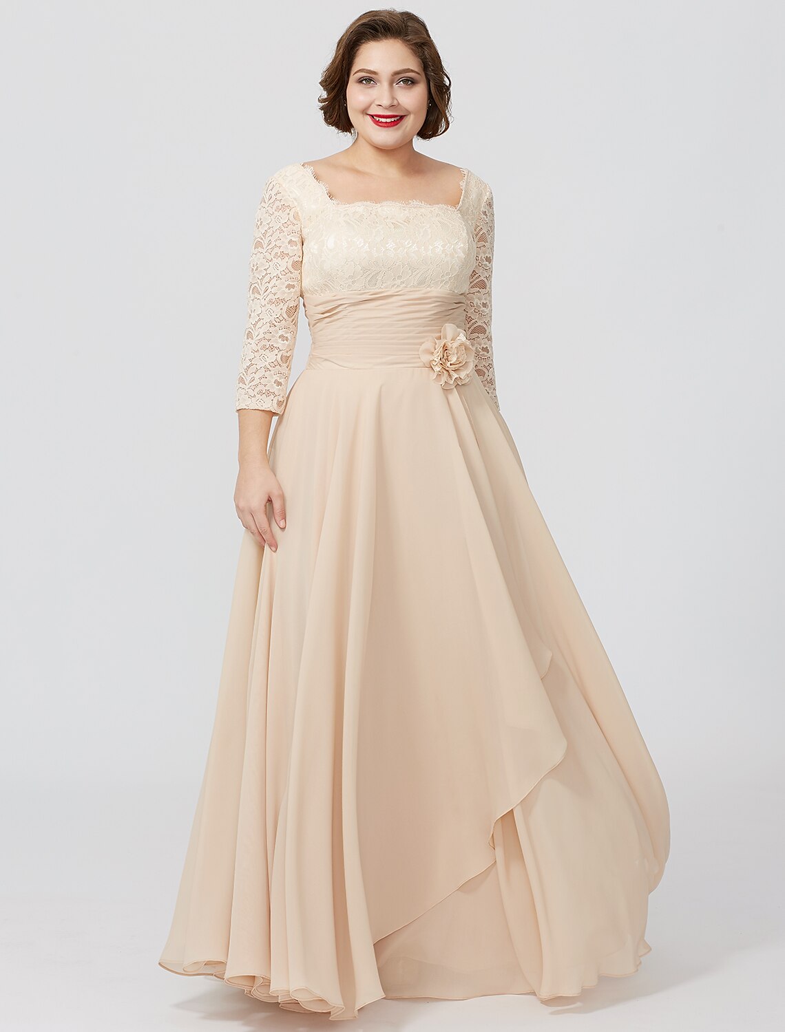 wholesale  Sheath / Column Mother of the Bride Dress Formal Classic & Timeless Elegant & Luxurious Plus Size Square Neck Floor Length Chiffon Metallic Lace 3/4 Length Sleeve No with Sash / Ribbon Flower