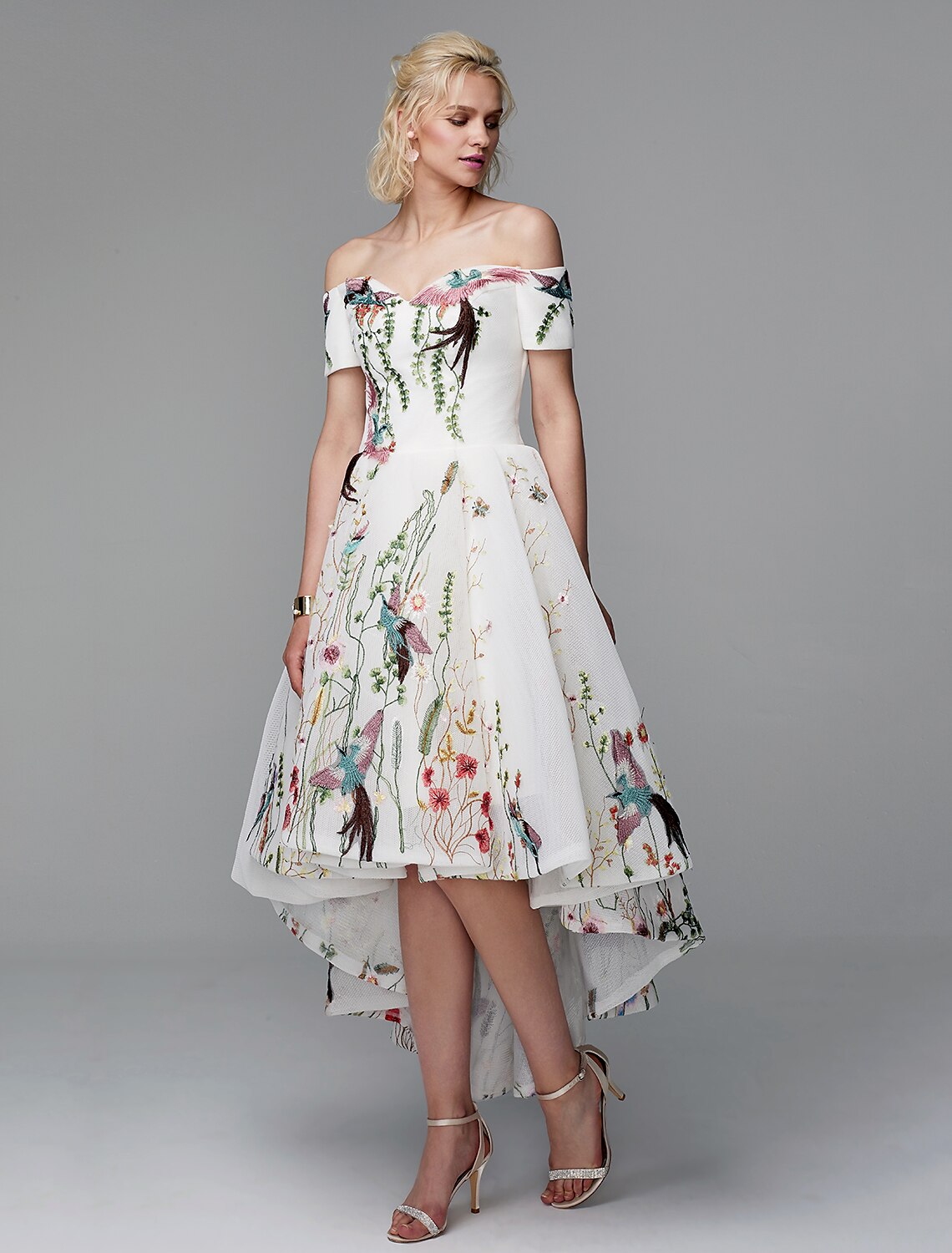 wholesale  Ball Gown Cute Dress Wedding Guest Cocktail Party Asymmetrical Short Sleeve Off Shoulder Polyester with Embroidery